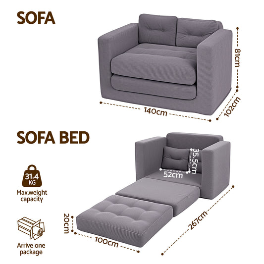 Artiss 2 Seater Corduroy Convertible Sofa Bed Pull Out Boneless Couch Grey SBED-M-FLD05-2S-GY
