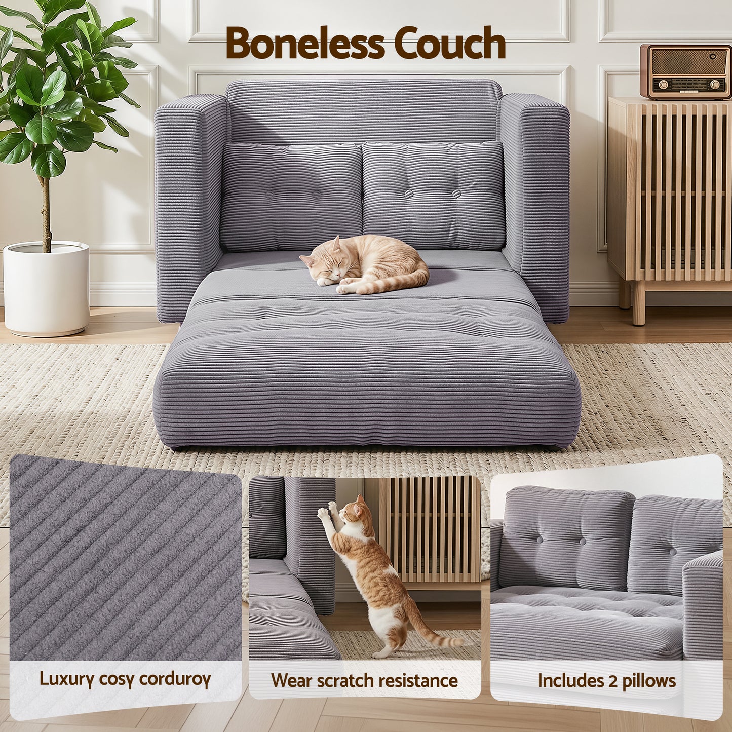 Artiss 2 Seater Corduroy Convertible Sofa Bed Pull Out Boneless Couch Grey SBED-M-FLD05-2S-GY