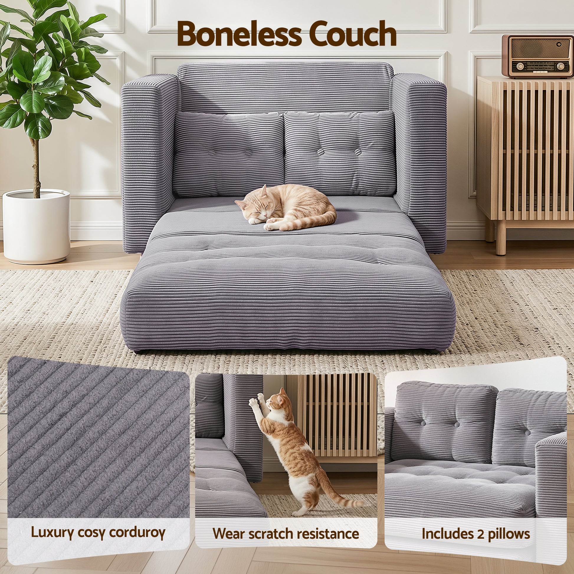 Artiss 2 Seater Corduroy Convertible Sofa Bed Pull Out Boneless Couch Grey SBED-M-FLD05-2S-GY