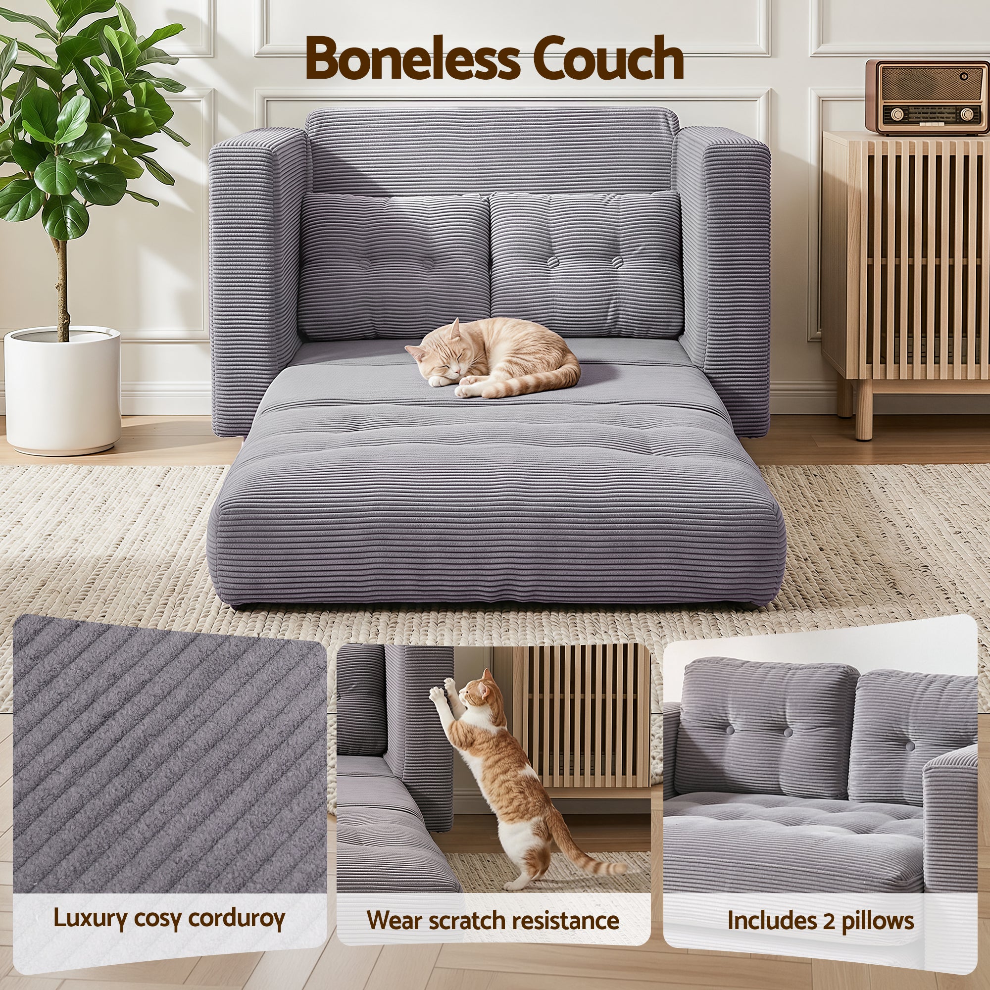 Artiss 2 Seater Corduroy Convertible Sofa Bed Pull Out Boneless Couch Grey SBED-M-FLD05-2S-GY