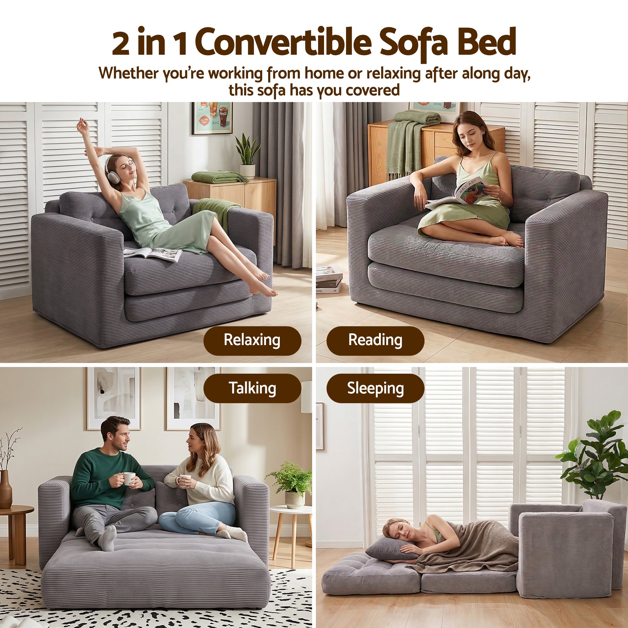 Artiss 2 Seater Corduroy Convertible Sofa Bed Pull Out Boneless Couch Grey SBED-M-FLD05-2S-GY