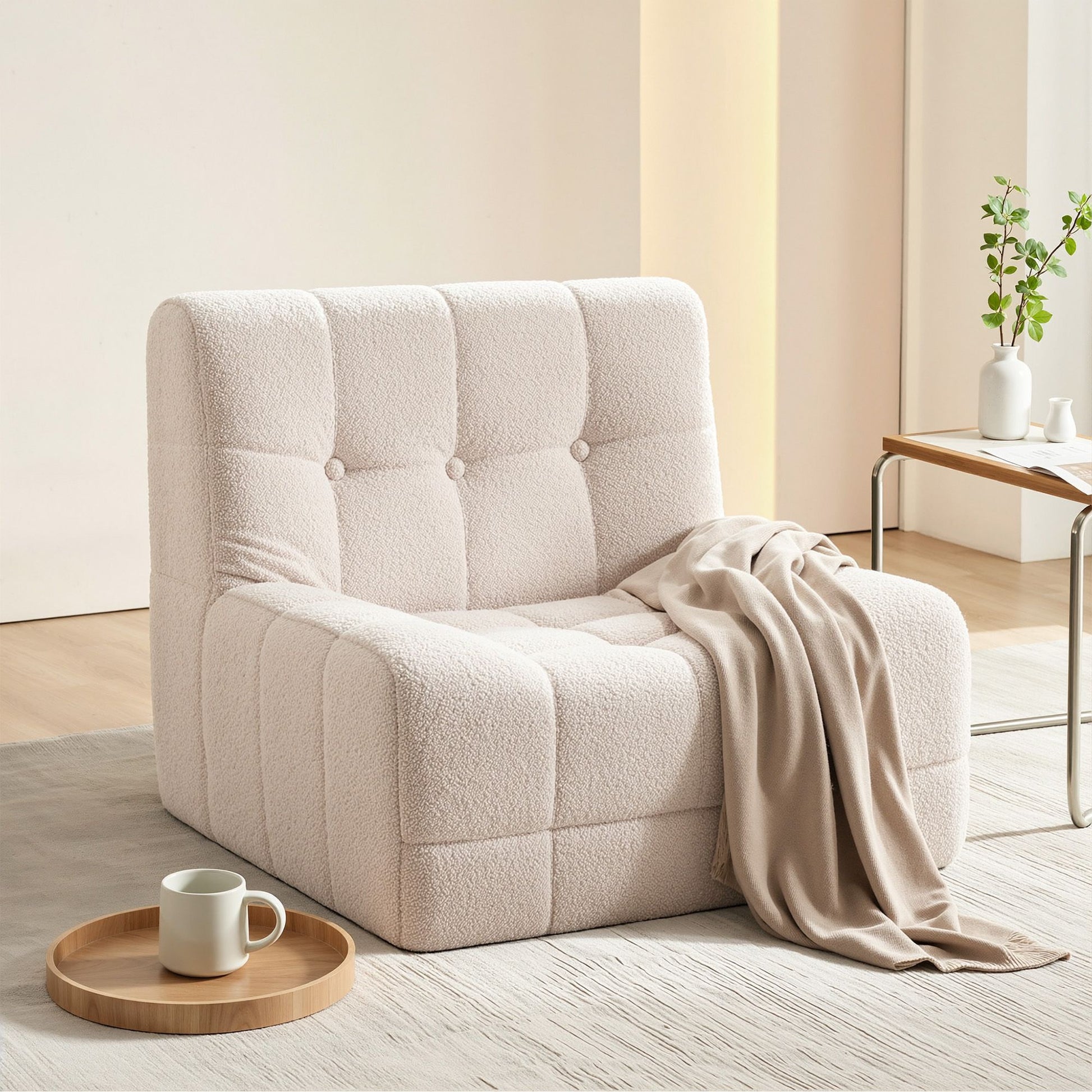 Artiss Single Small Boneless Couches for Living Room White Fabric SBED-M-TED-1S-BG