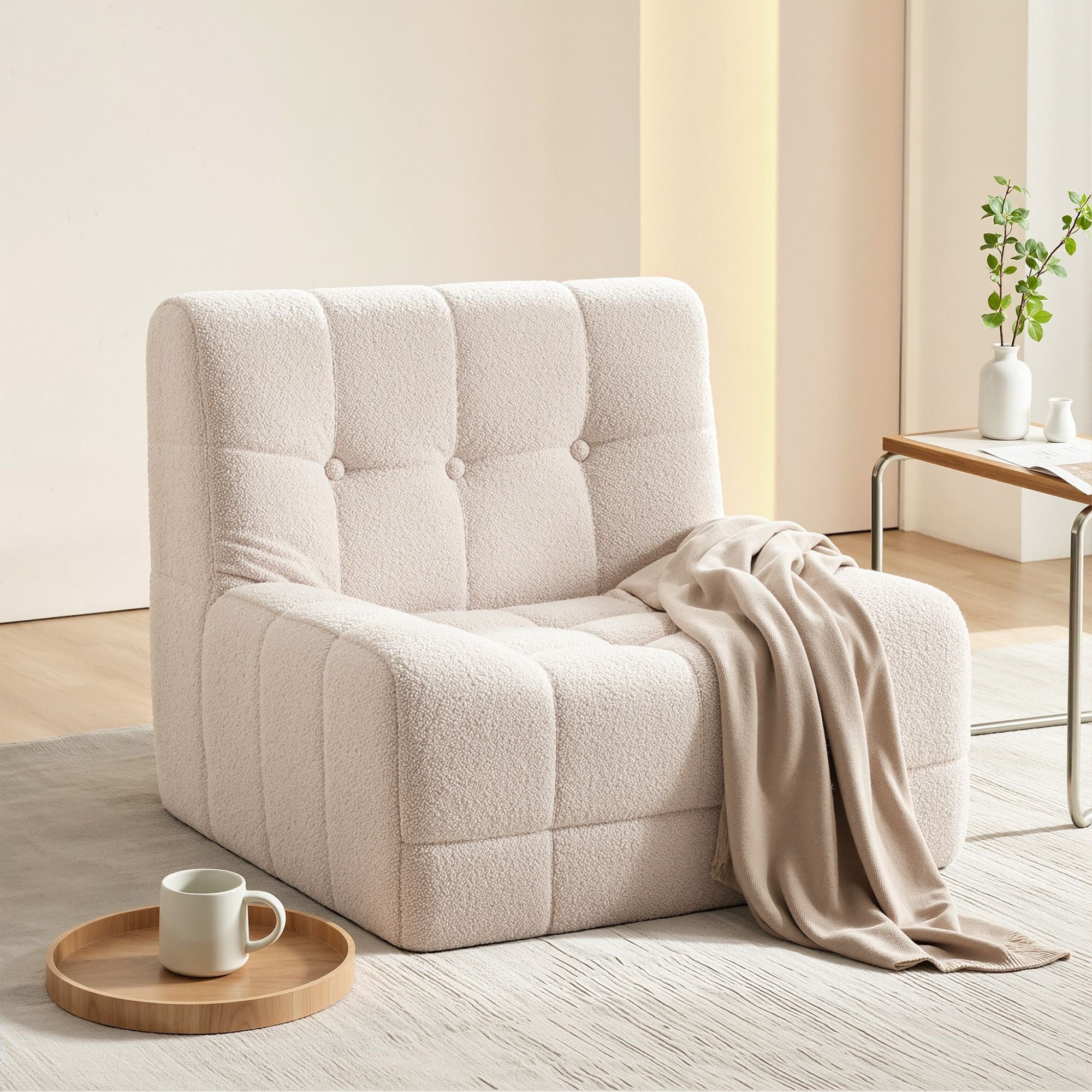 Artiss Single Small Boneless Couches for Living Room White Fabric SBED-M-TED-1S-BG