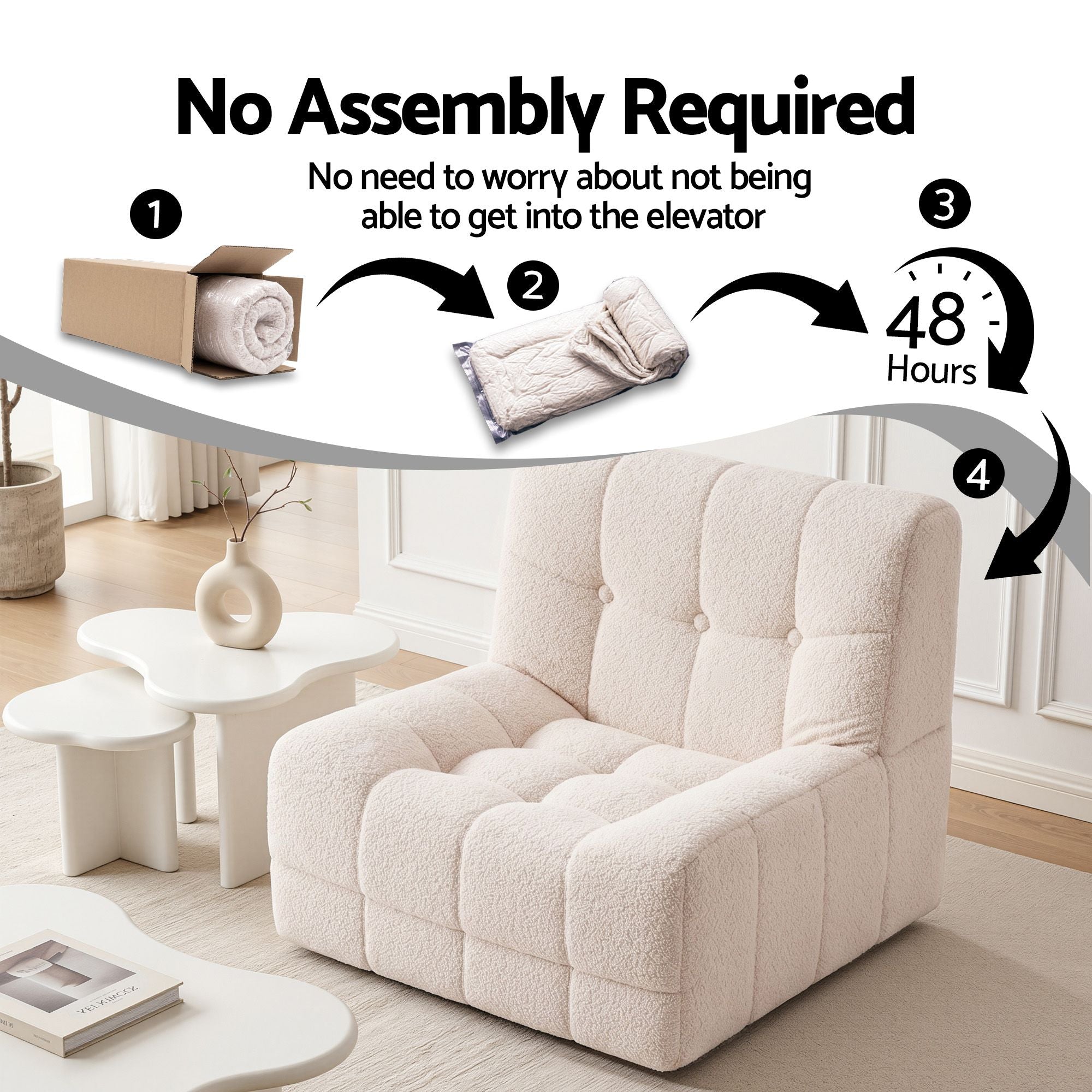 Artiss Single Small Boneless Couches for Living Room White Fabric SBED-M-TED-1S-BG