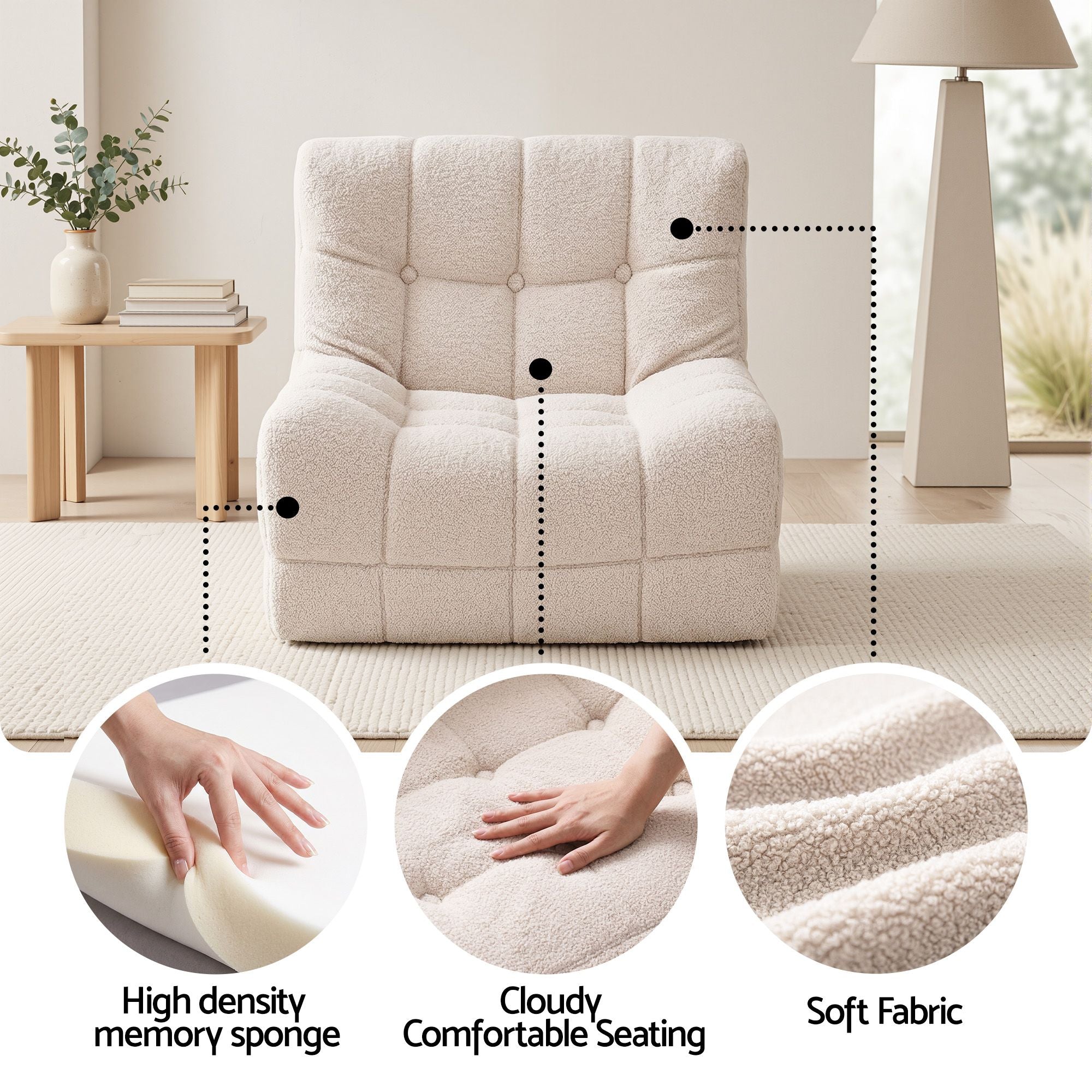 Artiss Single Small Boneless Couches for Living Room White Fabric SBED-M-TED-1S-BG