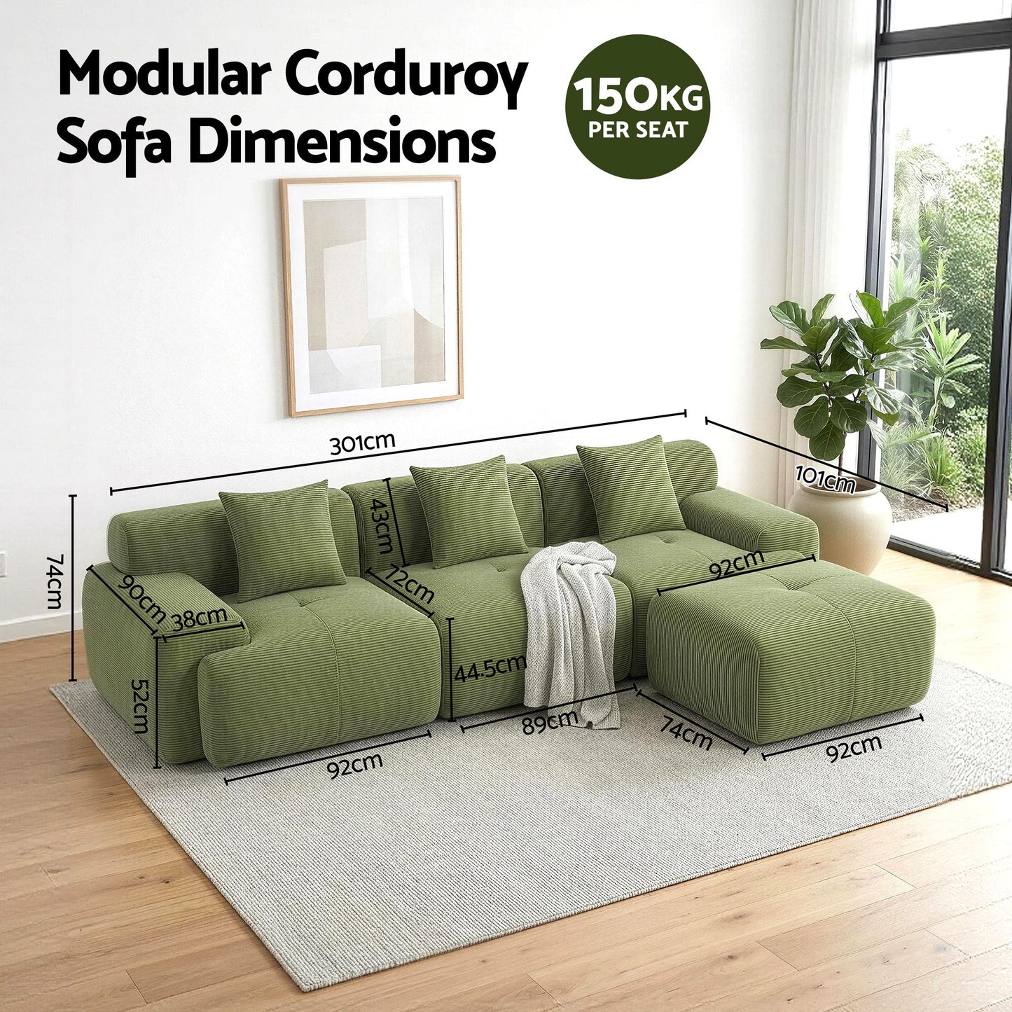 Artiss 300cm Modular Sofa Bed Comfort L-Shaped Sectional Boneless Couch Green SBED-O-CDY-4S-GN-ABC