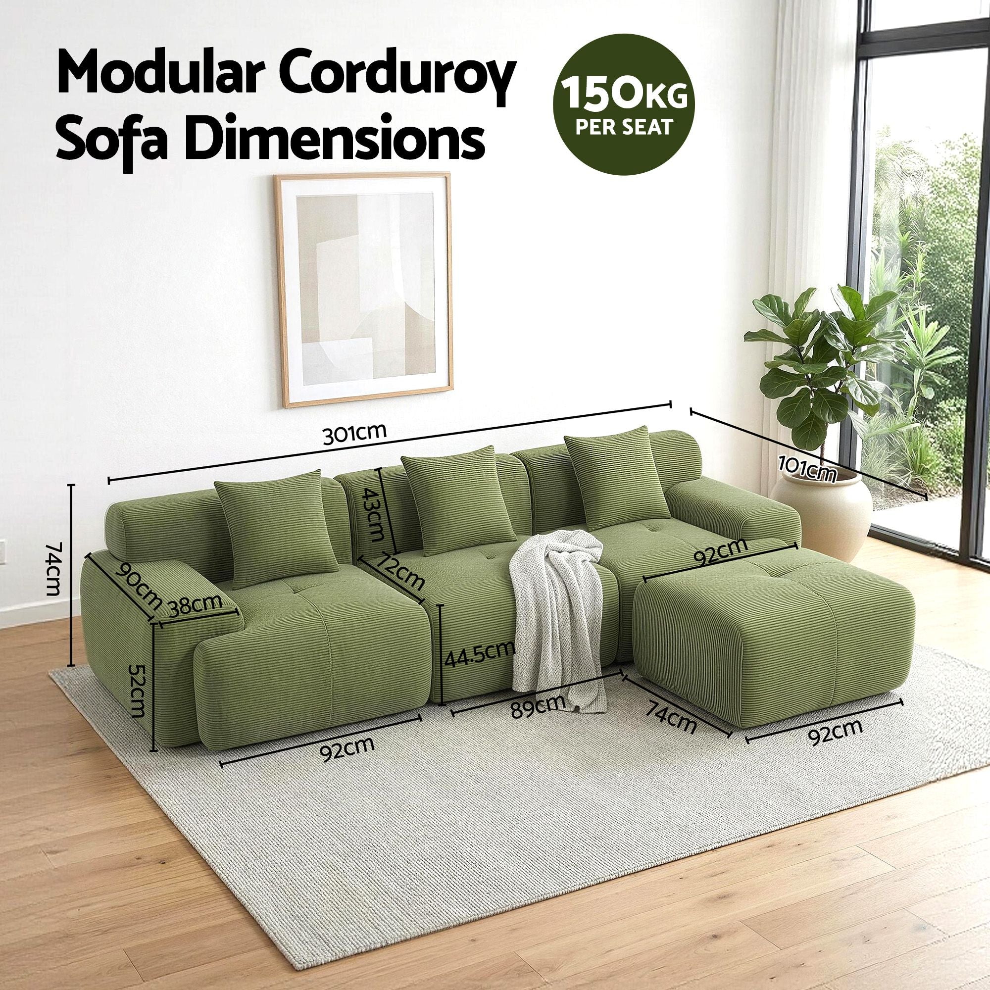 Artiss 300cm Modular Sofa Bed Comfort L-Shaped Sectional Boneless Couch Green SBED-O-CDY-4S-GN-ABC