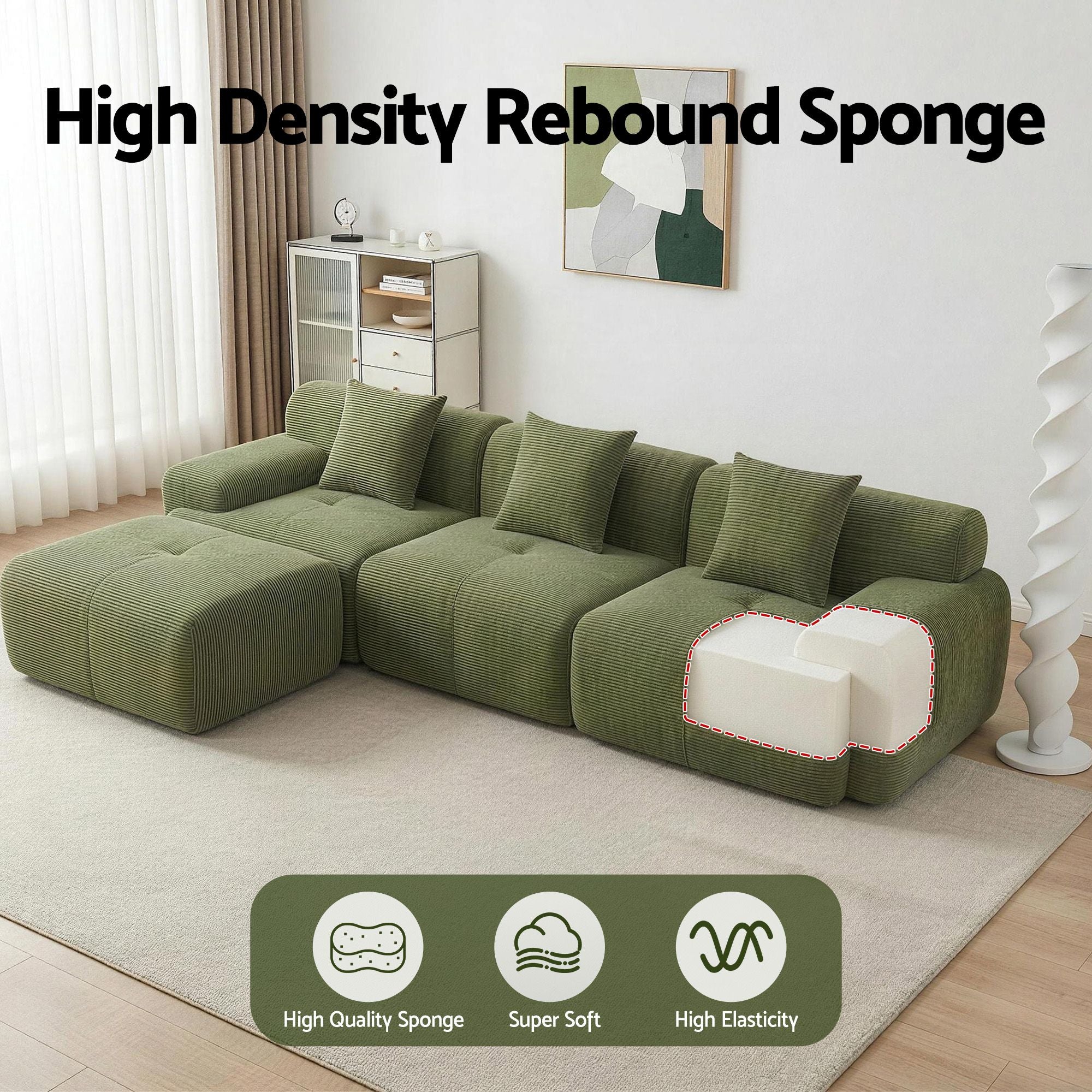 Artiss 300cm Modular Sofa Bed Comfort L-Shaped Sectional Boneless Couch Green SBED-O-CDY-4S-GN-ABC