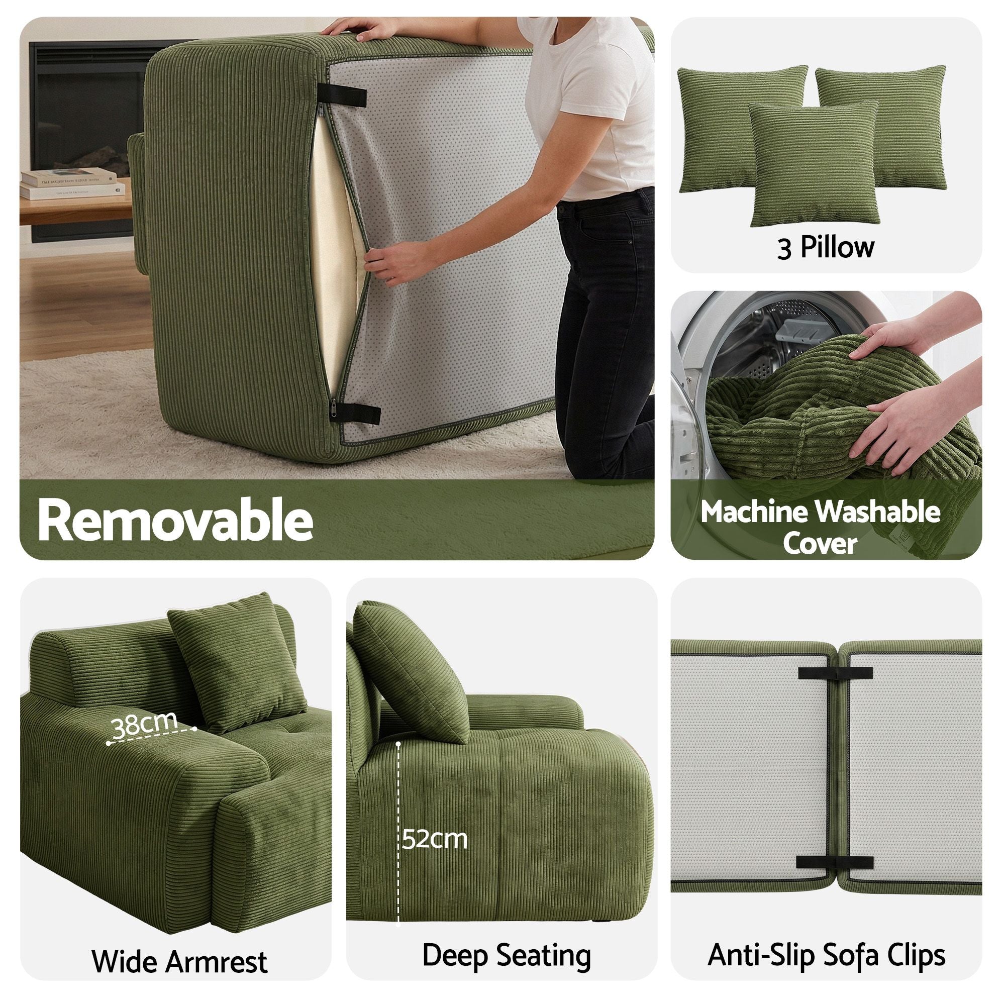 Artiss 300cm Modular Sofa Bed Comfort L-Shaped Sectional Boneless Couch Green SBED-O-CDY-4S-GN-ABC