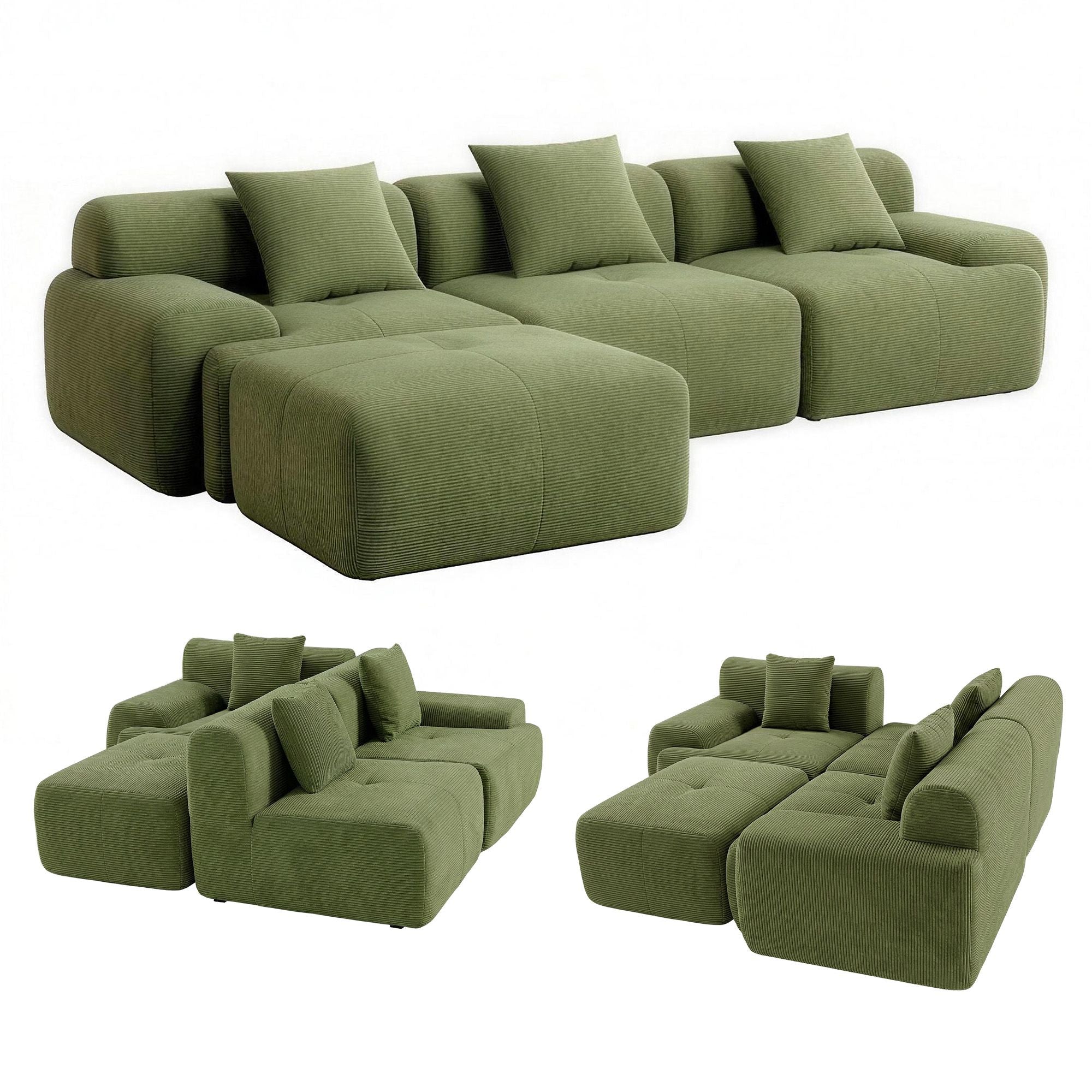 Artiss 300cm Modular Sofa Bed Comfort L-Shaped Sectional Boneless Couch Green SBED-O-CDY-4S-GN-ABC