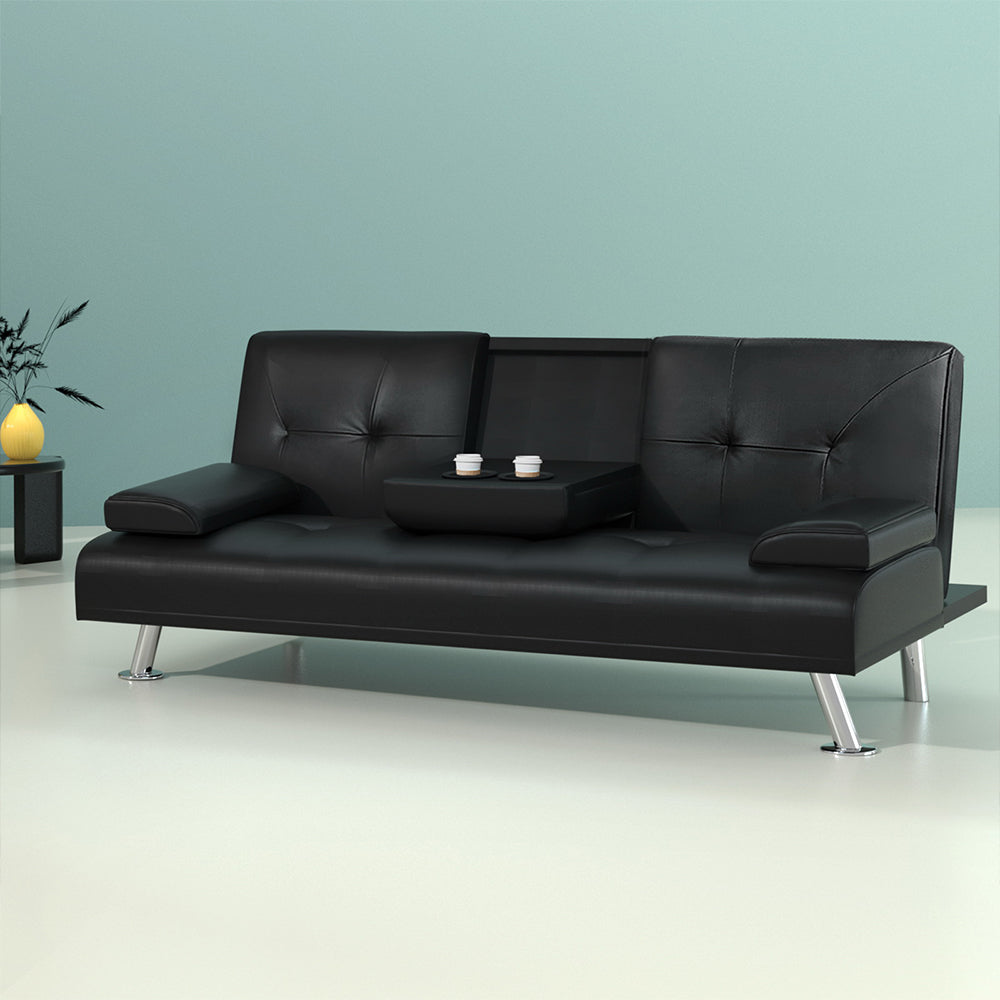 Artiss Sofa Bed Lounge Convertible Leather Couch Bed 3 Seater Cupholder Recliner SBED-R1C-BK