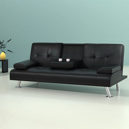 Artiss Sofa Bed Lounge Convertible Leather Couch Bed 3 Seater Cupholder Recliner SBED-R1C-BK