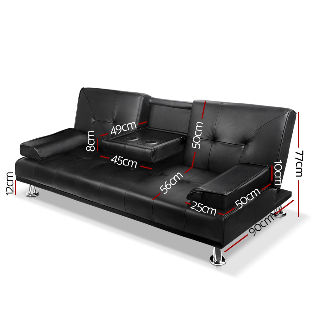 Artiss Sofa Bed Lounge Convertible Leather Couch Bed 3 Seater Cupholder Recliner SBED-R1C-BK