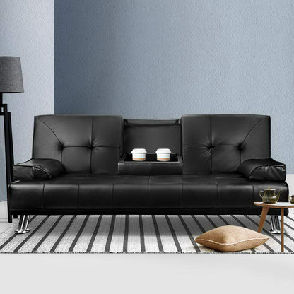 Artiss Sofa Bed Lounge Convertible Leather Couch Bed 3 Seater Cupholder Recliner SBED-R1C-BK