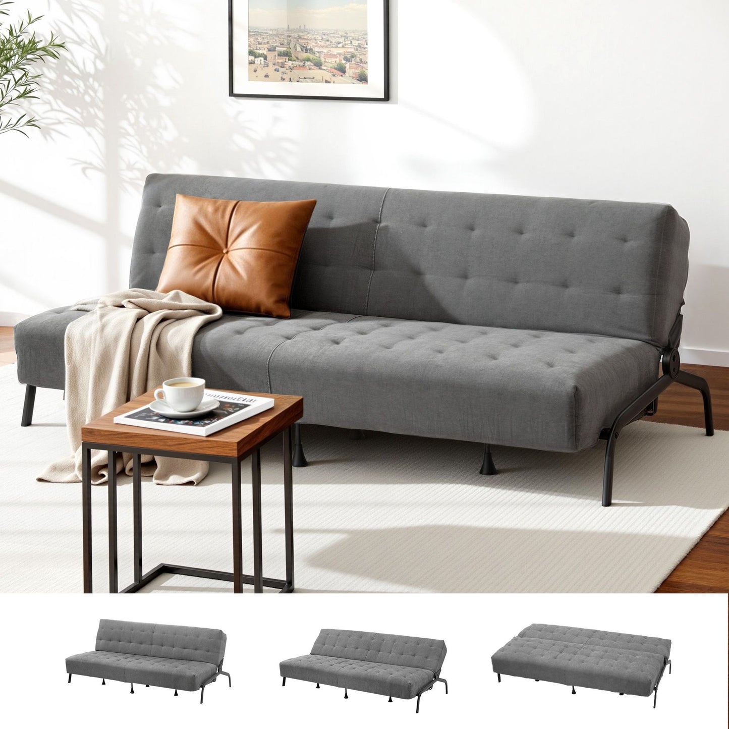 Artiss Sofa Bed, 1.9m 3-Seater Soft Innerspring Adjustable Couch Futon Chair for Apartment Dorm Living Room SBED-SPR-VEL8173-GY