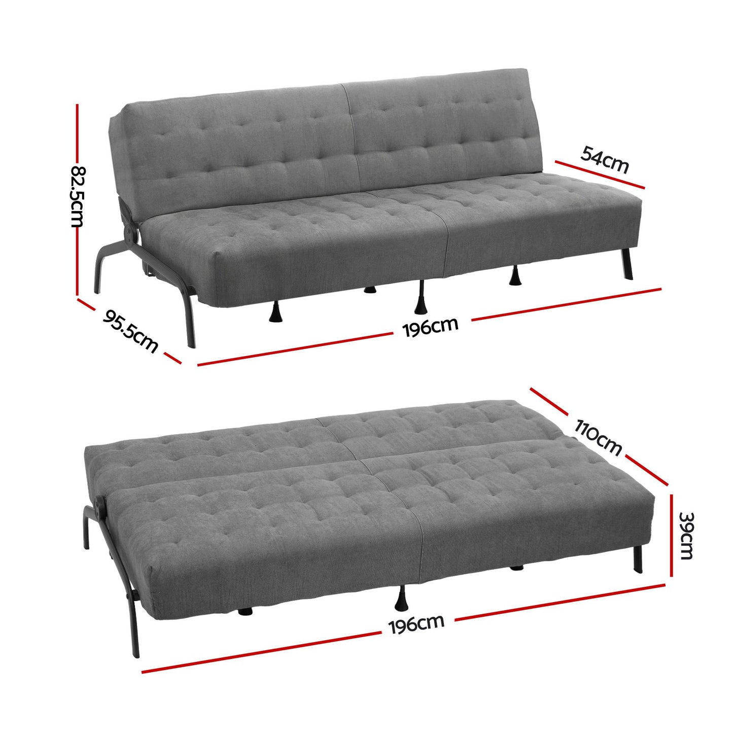 Artiss Sofa Bed, 1.9m 3-Seater Soft Innerspring Adjustable Couch Futon Chair for Apartment Dorm Living Room SBED-SPR-VEL8173-GY