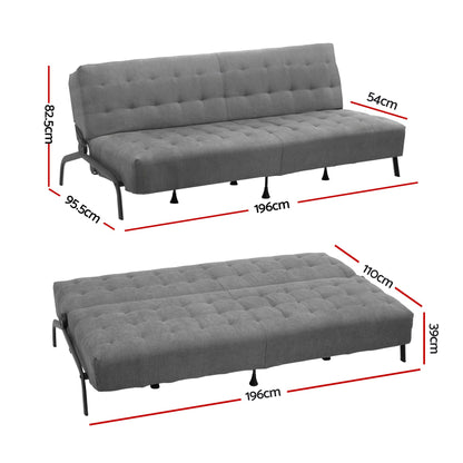 Artiss Sofa Bed, 1.9m 3-Seater Soft Innerspring Adjustable Couch Futon Chair for Apartment Dorm Living Room SBED-SPR-VEL8173-GY