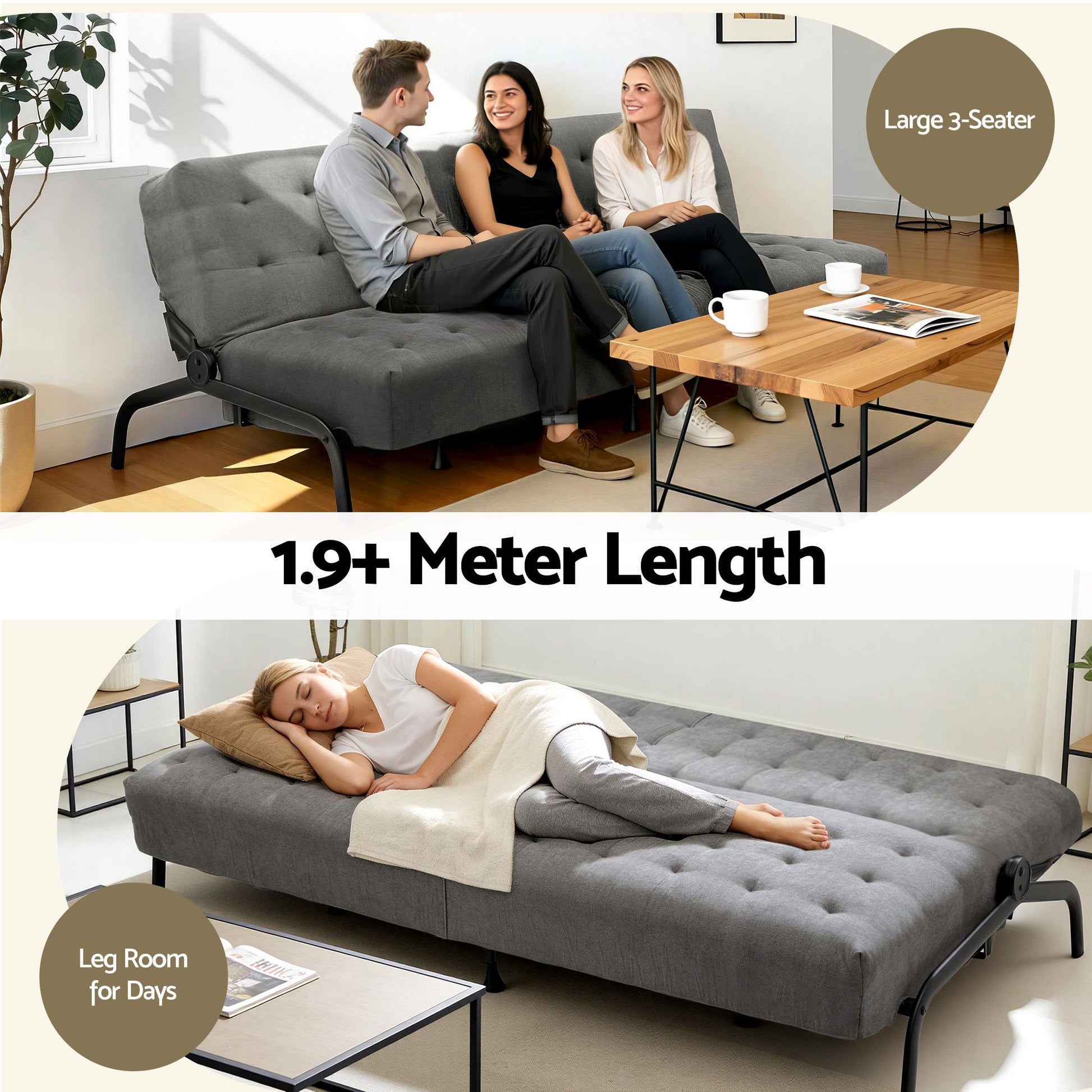 Artiss Sofa Bed, 1.9m 3-Seater Soft Innerspring Adjustable Couch Futon Chair for Apartment Dorm Living Room SBED-SPR-VEL8173-GY