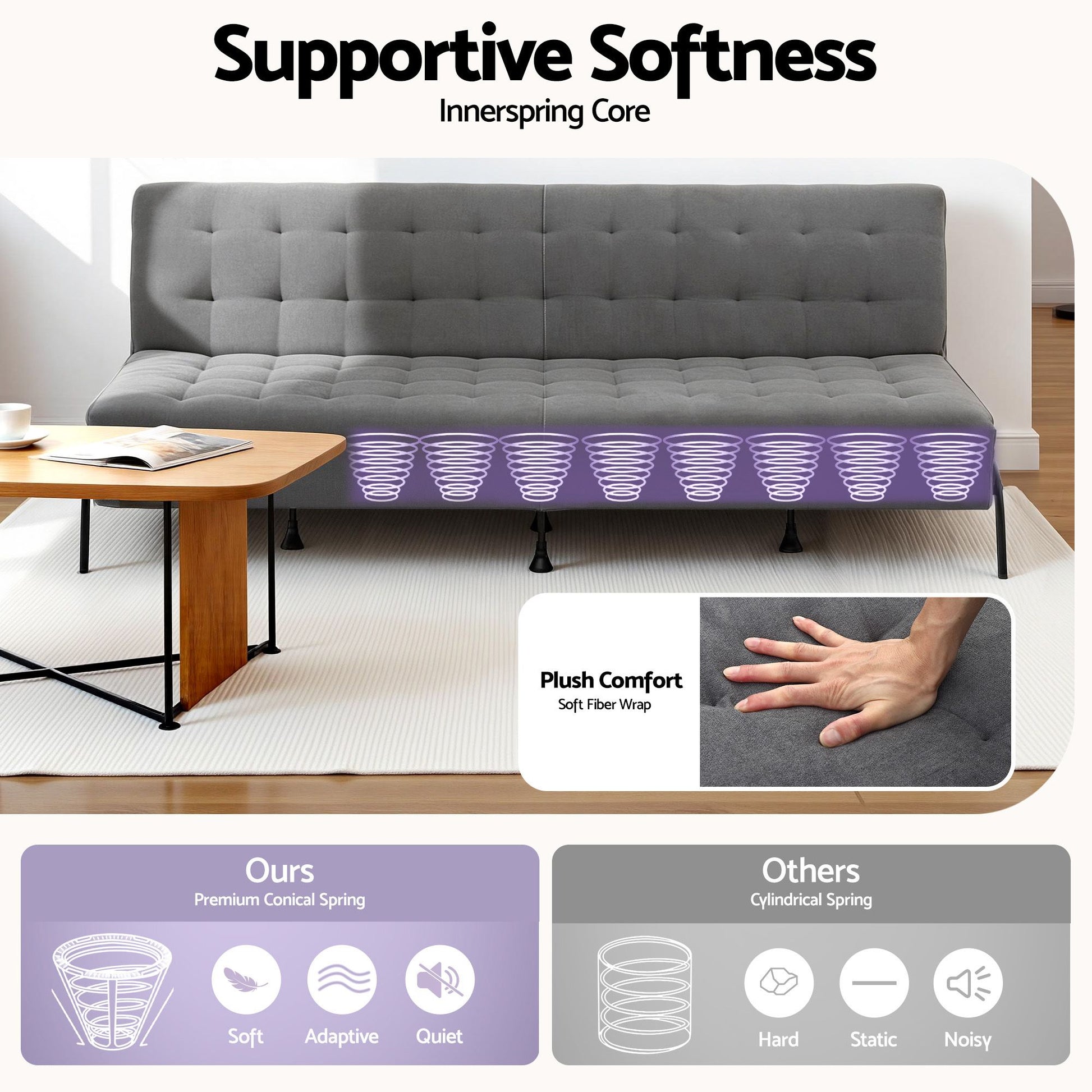 Artiss Sofa Bed, 1.9m 3-Seater Soft Innerspring Adjustable Couch Futon Chair for Apartment Dorm Living Room SBED-SPR-VEL8173-GY