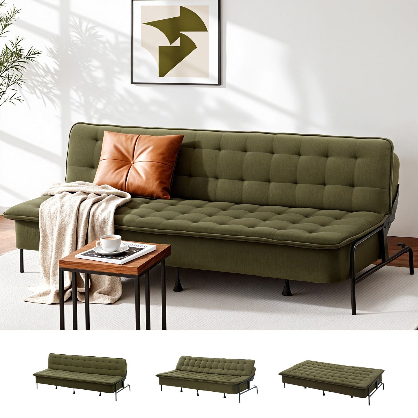 Artiss Sofa Bed, 1.9m 3-Seater Soft Innerspring Adjustable Couch Futon Chair for Apartment Dorm Living Room SBED-SPR-VEL8193-GN