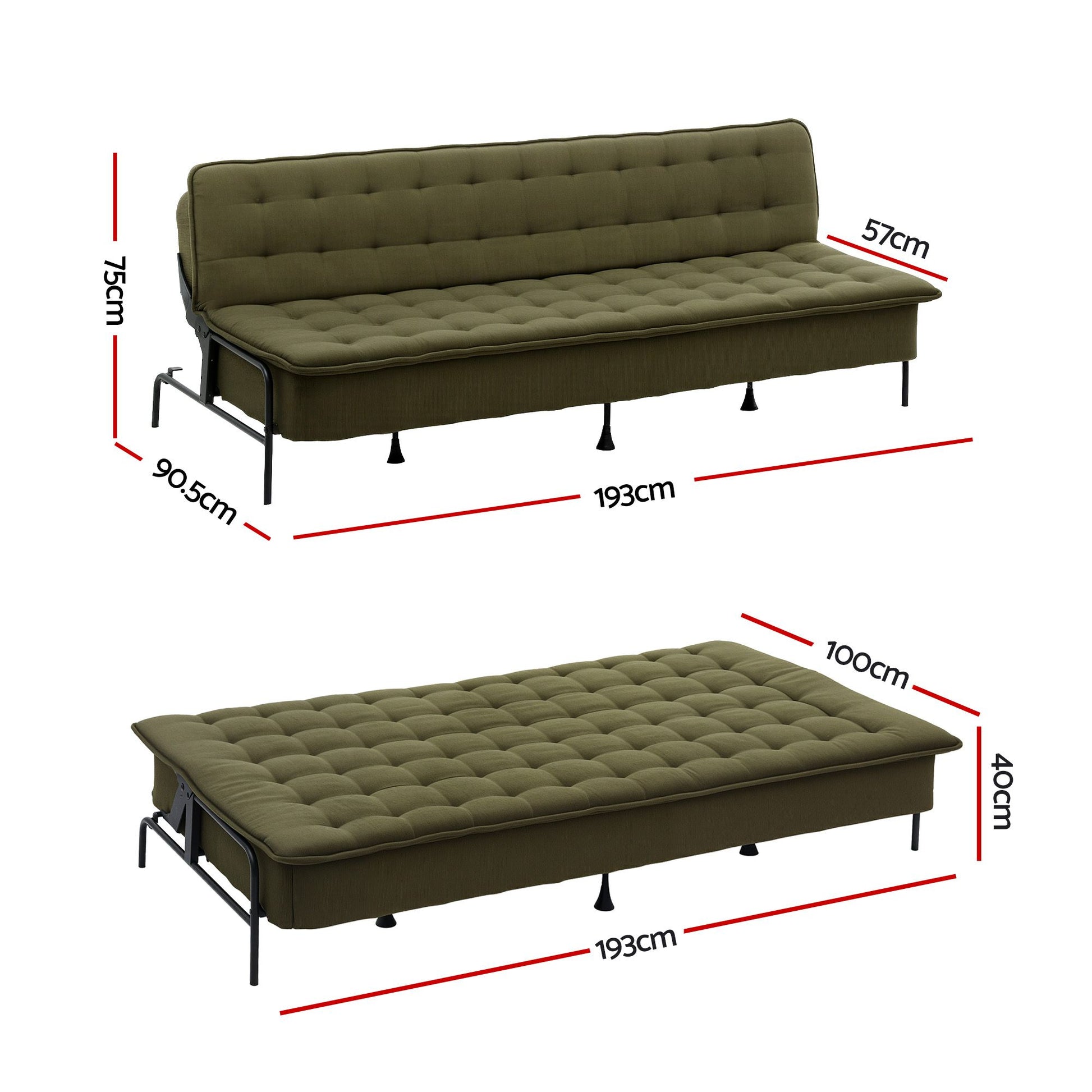 Artiss Sofa Bed, 1.9m 3-Seater Soft Innerspring Adjustable Couch Futon Chair for Apartment Dorm Living Room SBED-SPR-VEL8193-GN