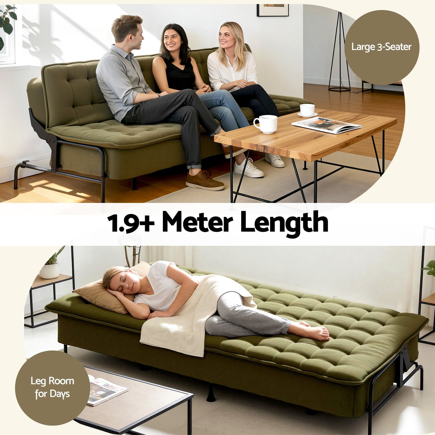 Artiss Sofa Bed, 1.9m 3-Seater Soft Innerspring Adjustable Couch Futon Chair for Apartment Dorm Living Room SBED-SPR-VEL8193-GN