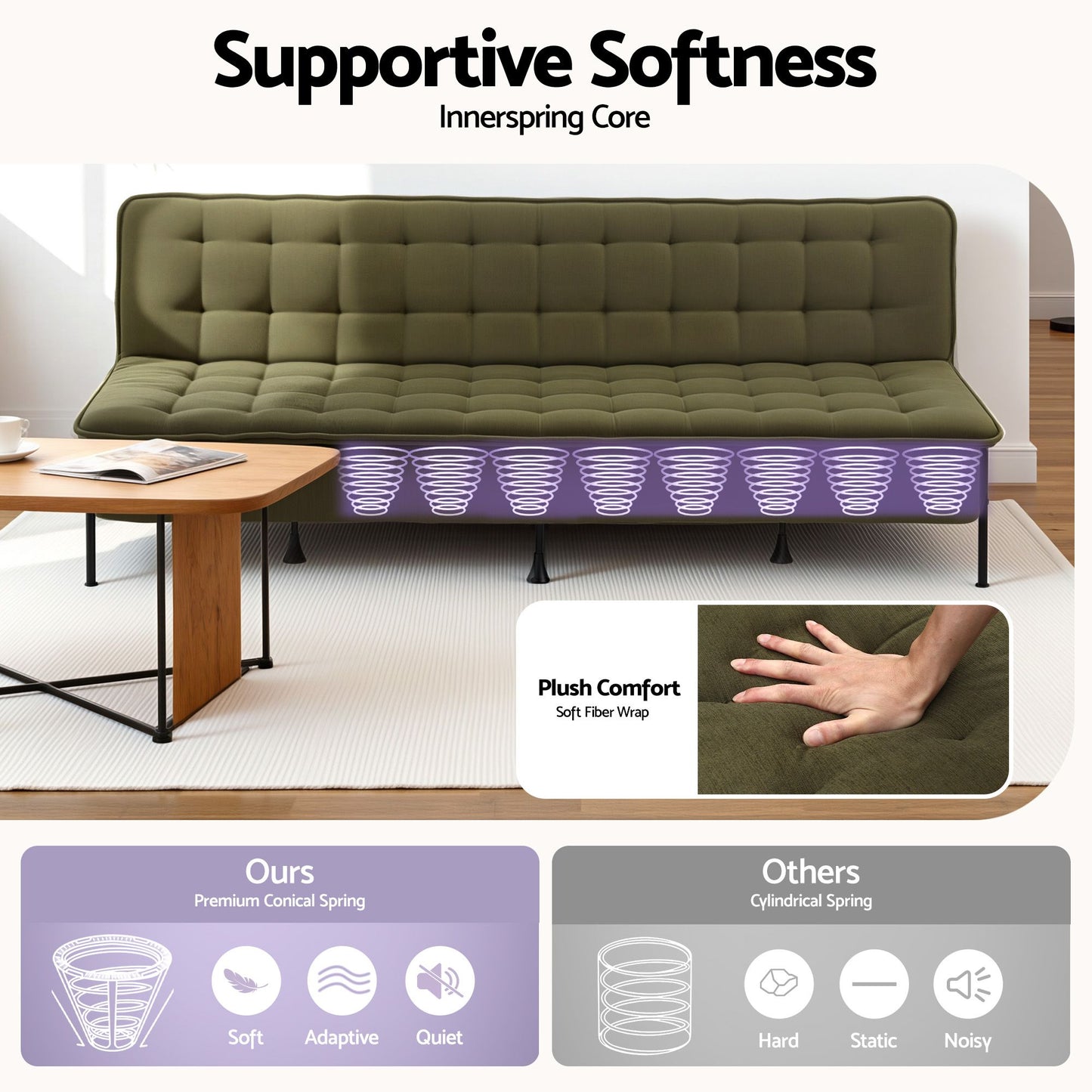 Artiss Sofa Bed, 1.9m 3-Seater Soft Innerspring Adjustable Couch Futon Chair for Apartment Dorm Living Room SBED-SPR-VEL8193-GN