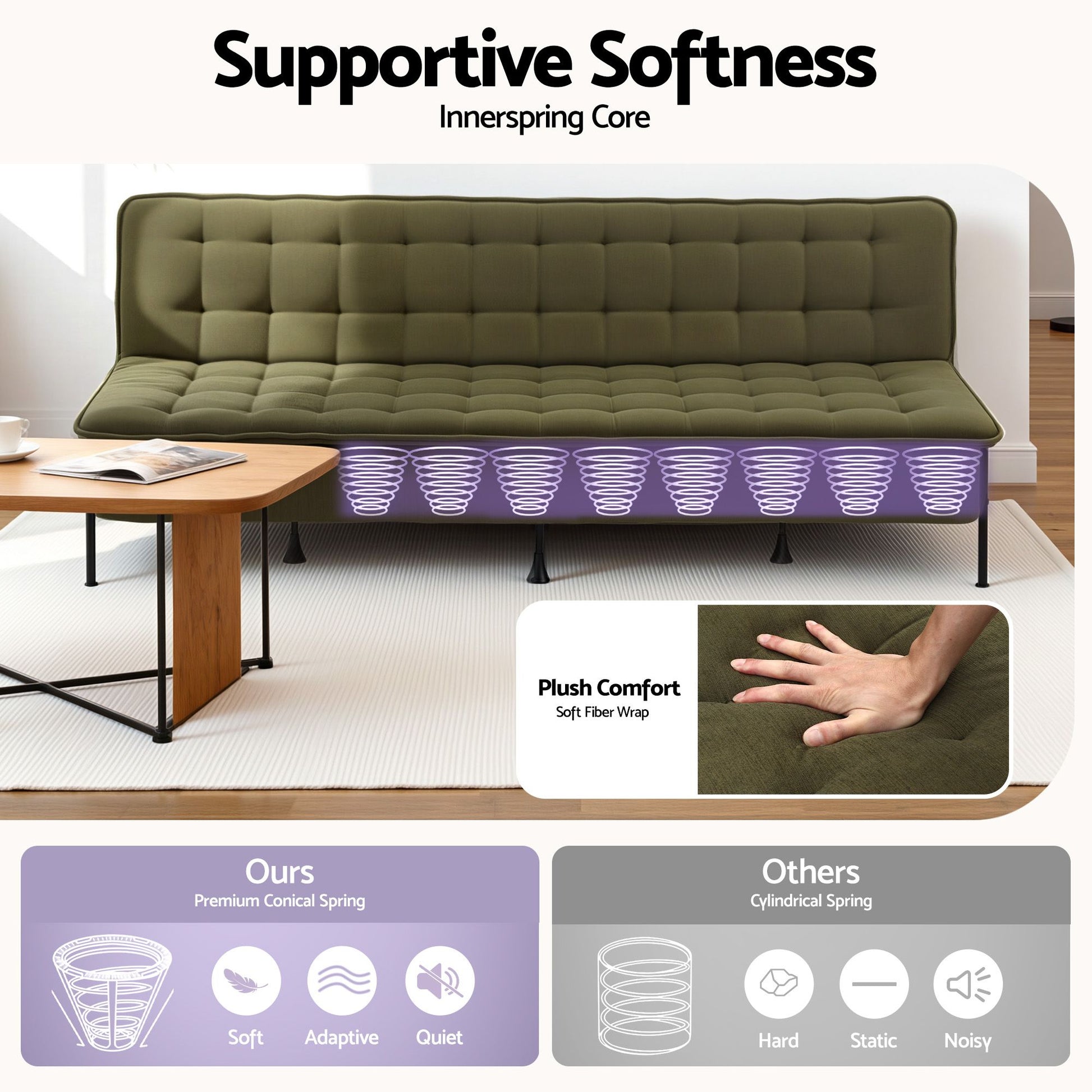 Artiss Sofa Bed, 1.9m 3-Seater Soft Innerspring Adjustable Couch Futon Chair for Apartment Dorm Living Room SBED-SPR-VEL8193-GN