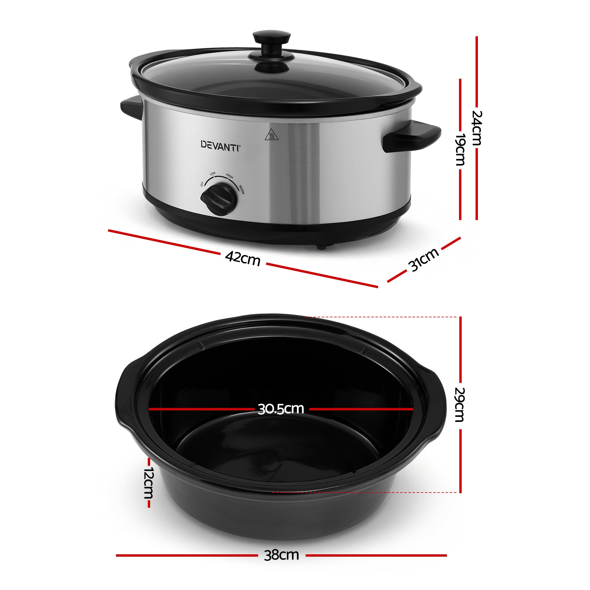 Devanti 6.5L Slow Cooker Electric Multi Cooker with 3 Heat Settings and Keep Warm Function SC-3G-6L-SI