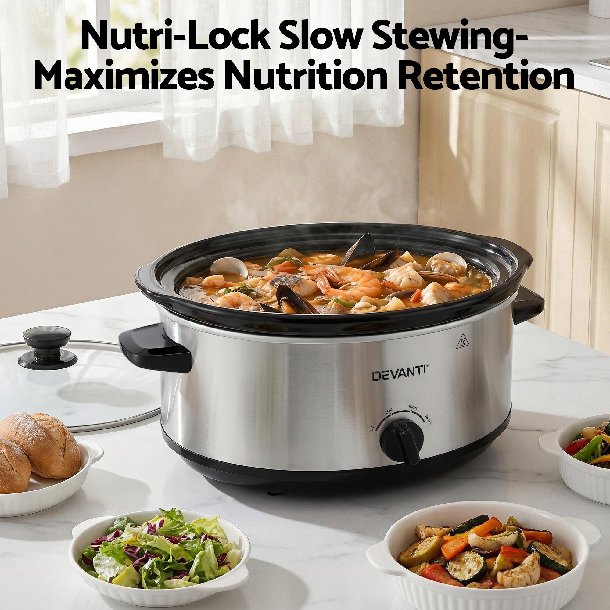 Devanti 6.5L Slow Cooker Electric Multi Cooker with 3 Heat Settings and Keep Warm Function SC-3G-6L-SI