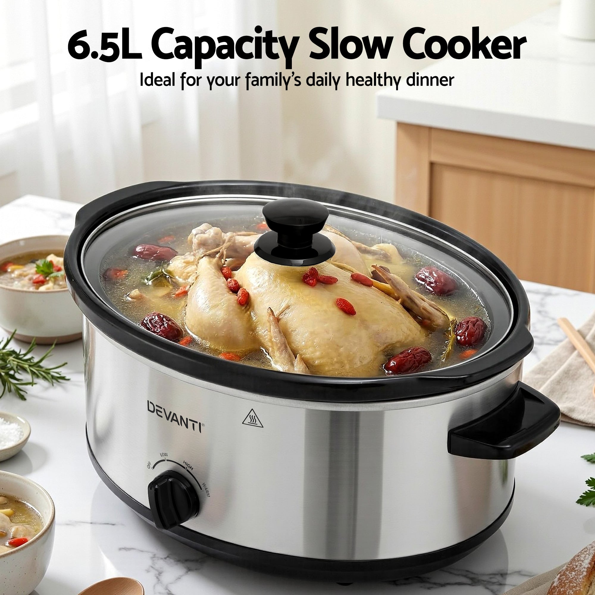Devanti 6.5L Slow Cooker Electric Multi Cooker with 3 Heat Settings and Keep Warm Function SC-3G-6L-SI