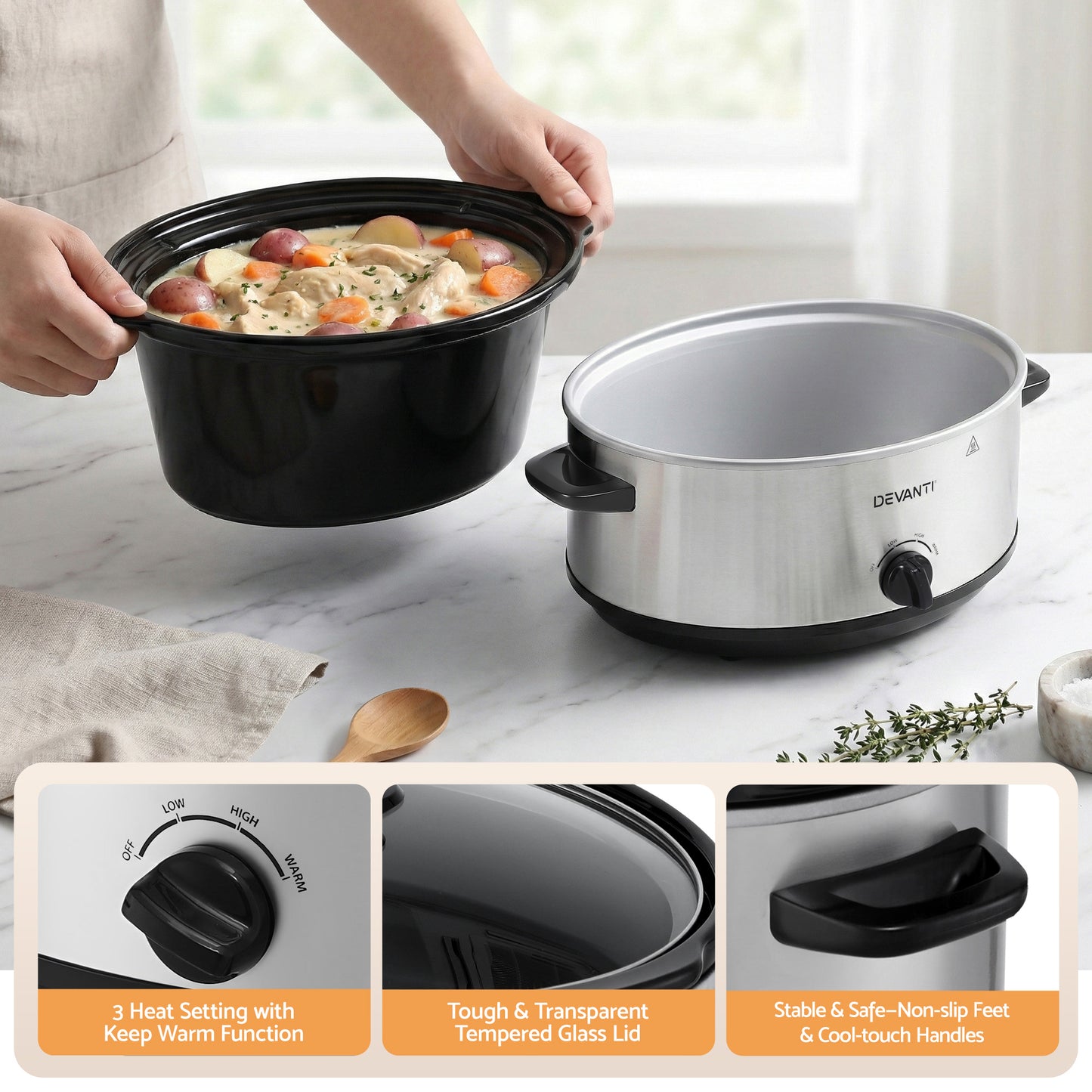 Devanti 6.5L Slow Cooker Electric Multi Cooker with 3 Heat Settings and Keep Warm Function SC-3G-6L-SI