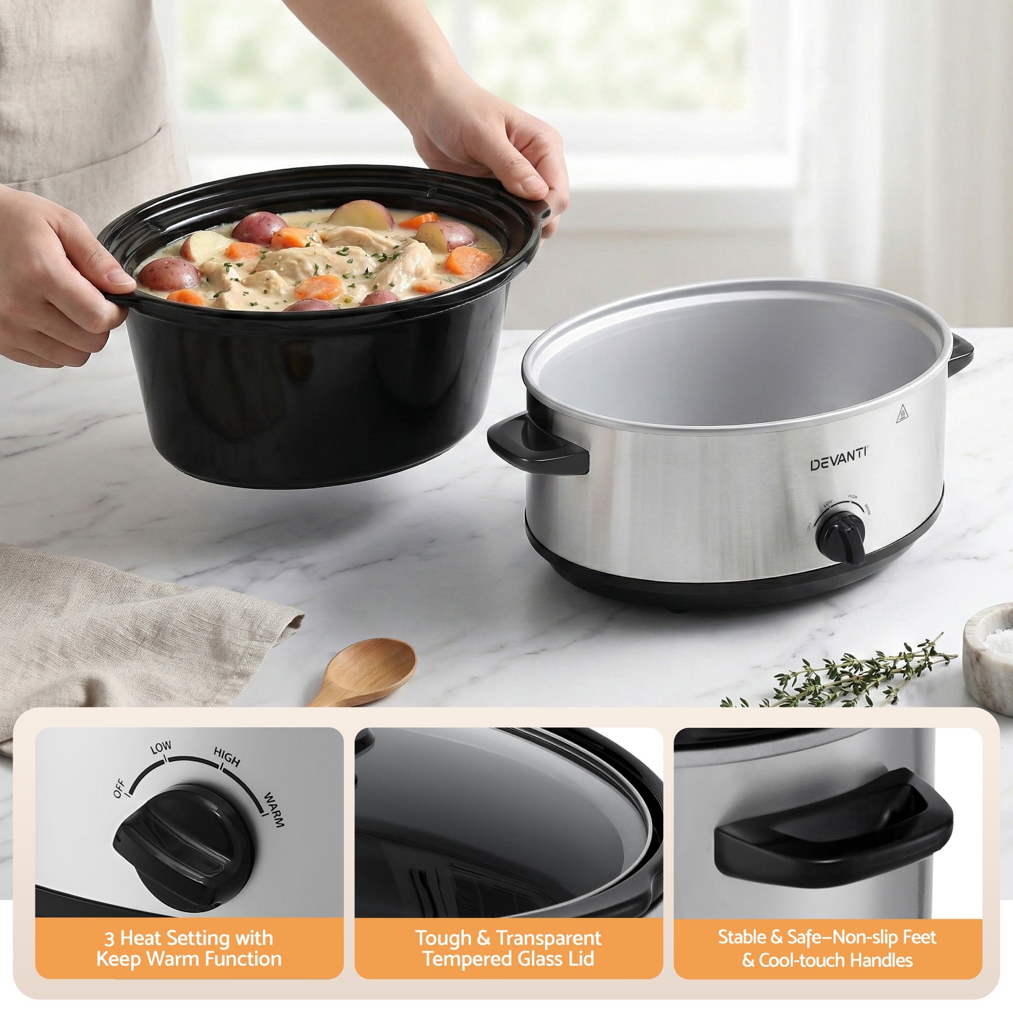 Devanti 6.5L Slow Cooker Electric Multi Cooker with 3 Heat Settings and Keep Warm Function SC-3G-6L-SI