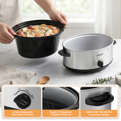 Devanti 6.5L Slow Cooker Electric Multi Cooker with 3 Heat Settings and Keep Warm Function SC-3G-6L-SI