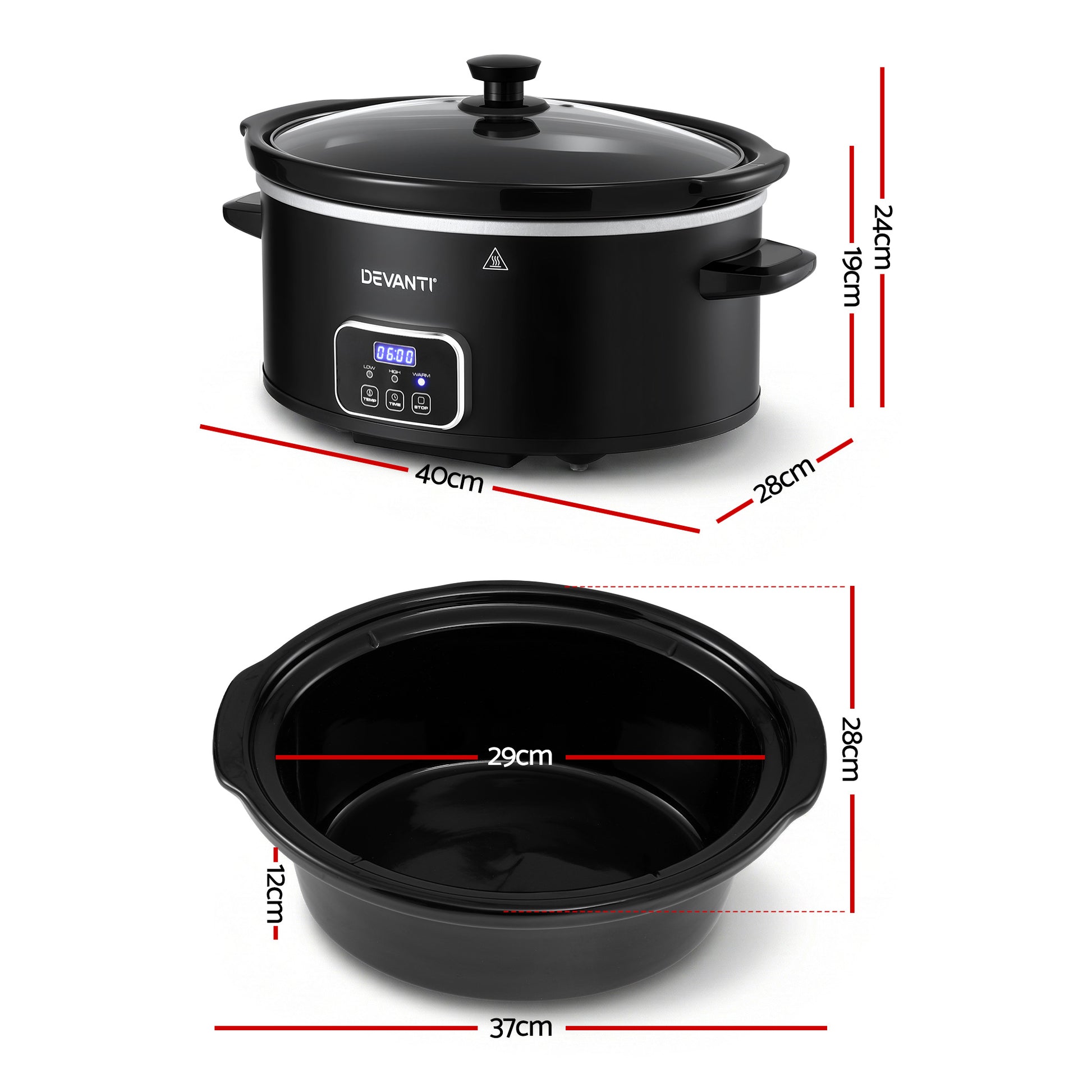 Devanti 5.6L Slow Cooker Electric Multi Cooker with 3 Heat Settings and Keep Warm Function SC-DP-6QT-BK