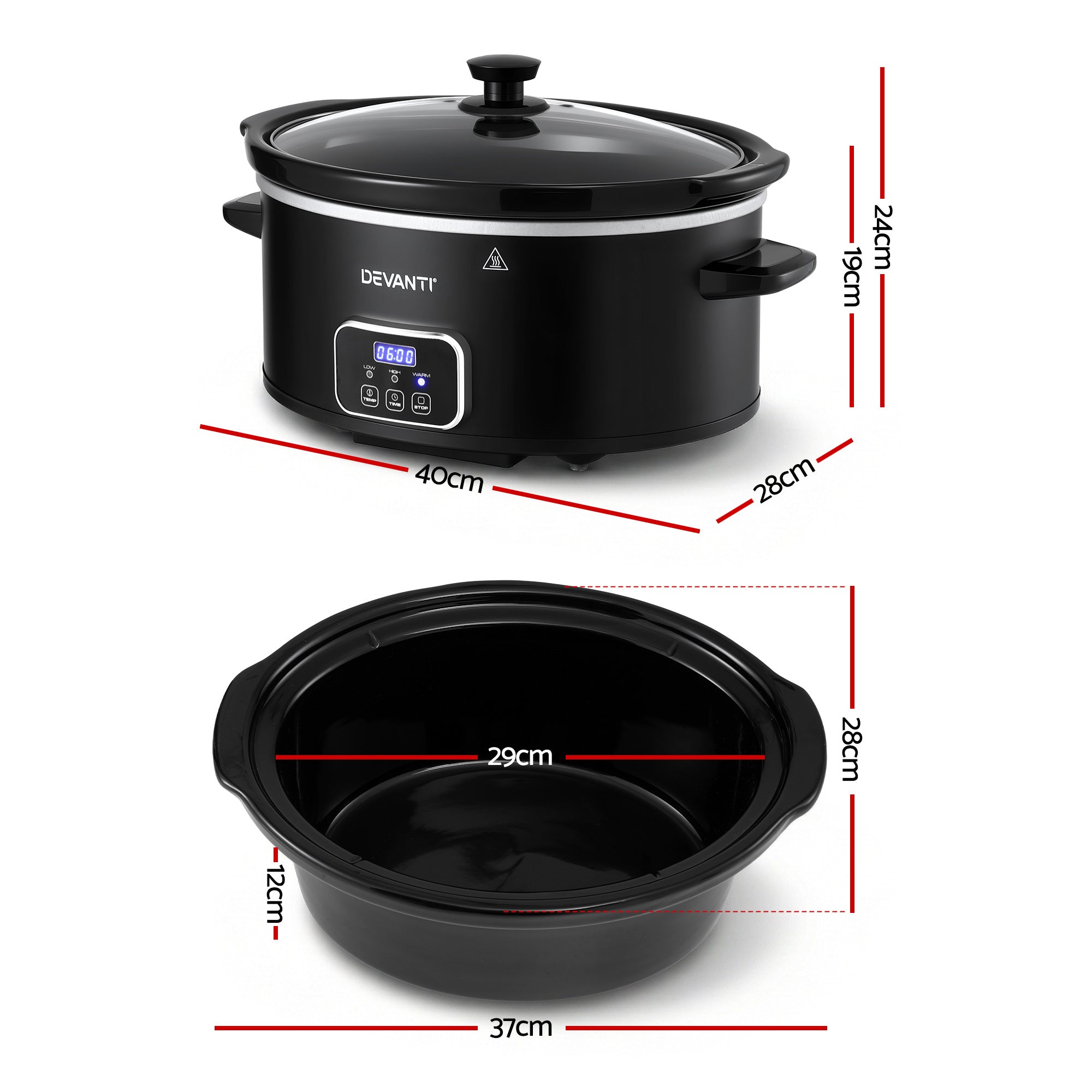 Devanti 5.6L Slow Cooker Electric Multi Cooker with 3 Heat Settings and Keep Warm Function SC-DP-6QT-BK