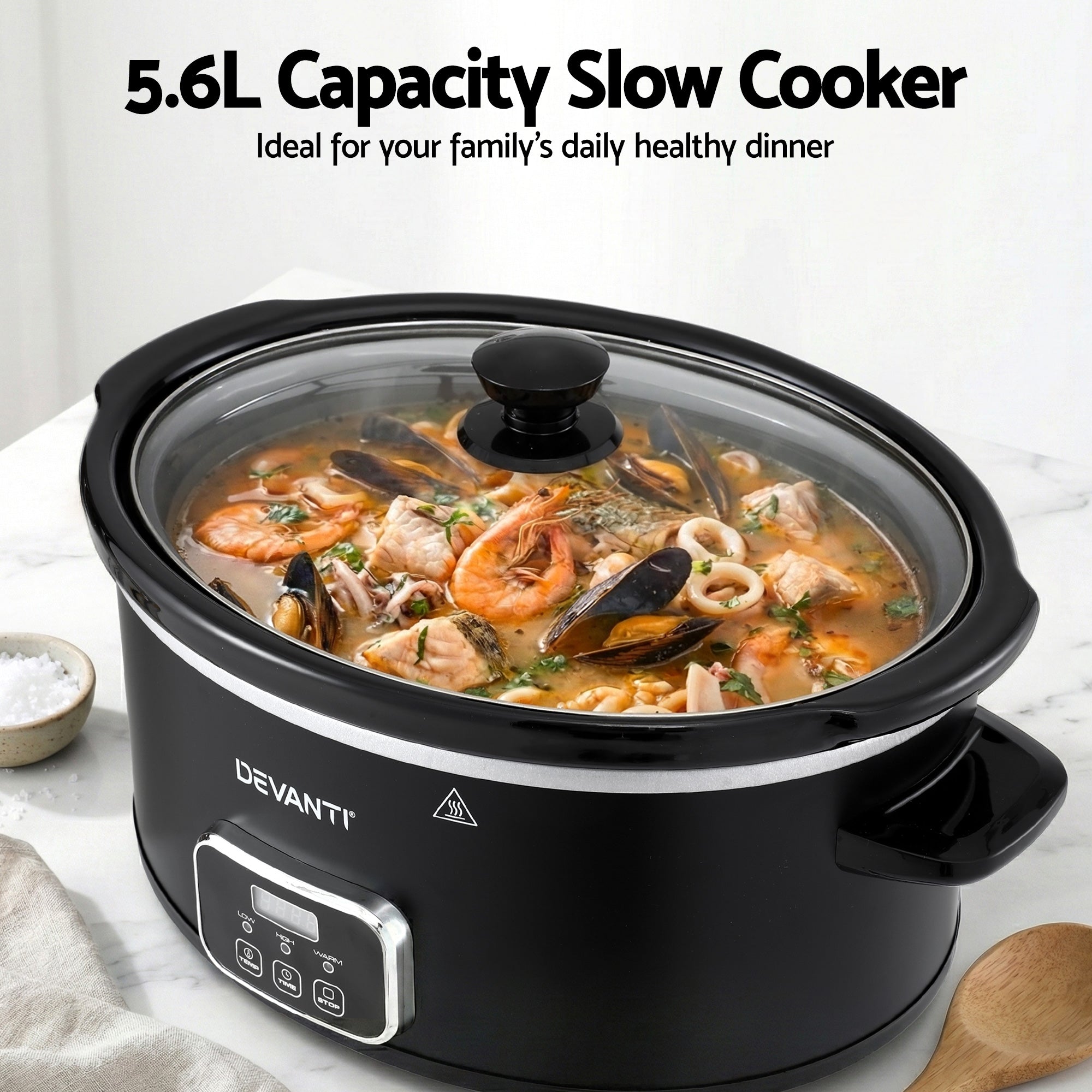 Devanti 5.6L Slow Cooker Electric Multi Cooker with 3 Heat Settings and Keep Warm Function SC-DP-6QT-BK