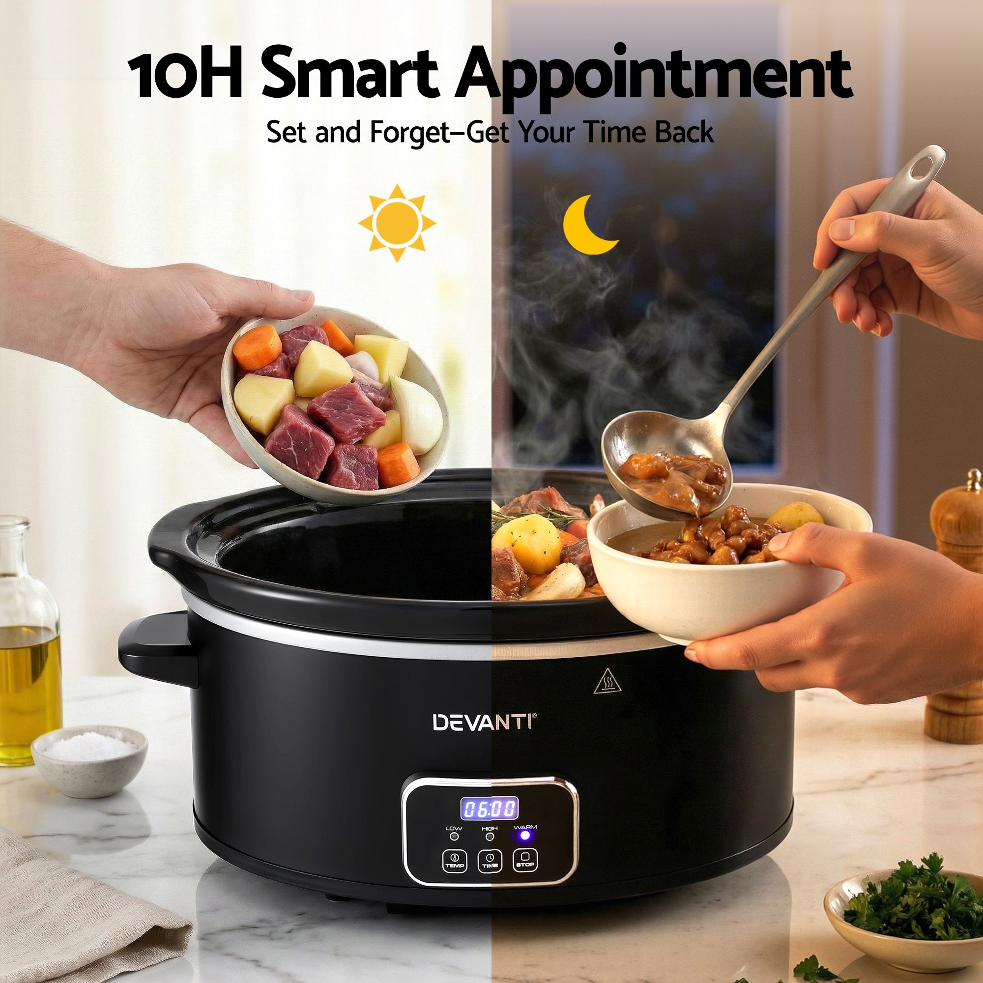 Devanti 5.6L Slow Cooker Electric Multi Cooker with 3 Heat Settings and Keep Warm Function SC-DP-6QT-BK