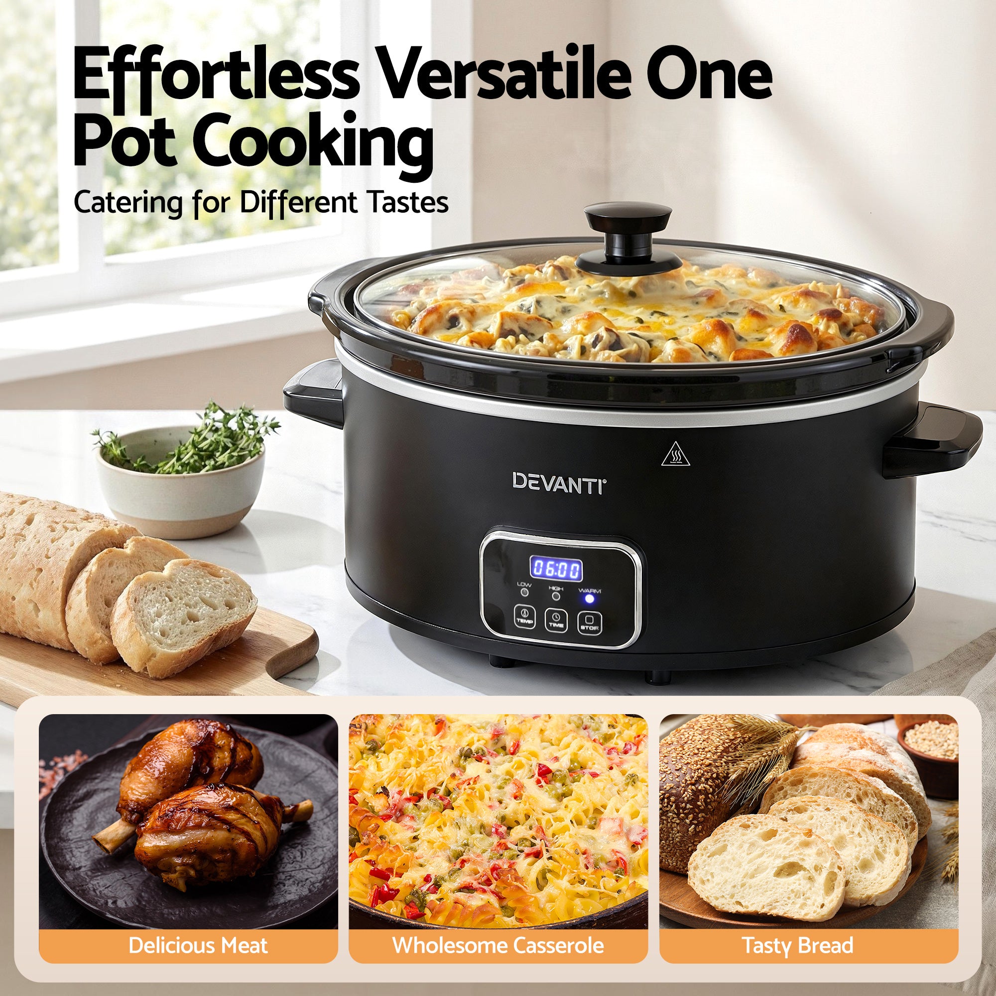 Devanti 5.6L Slow Cooker Electric Multi Cooker with 3 Heat Settings and Keep Warm Function SC-DP-6QT-BK