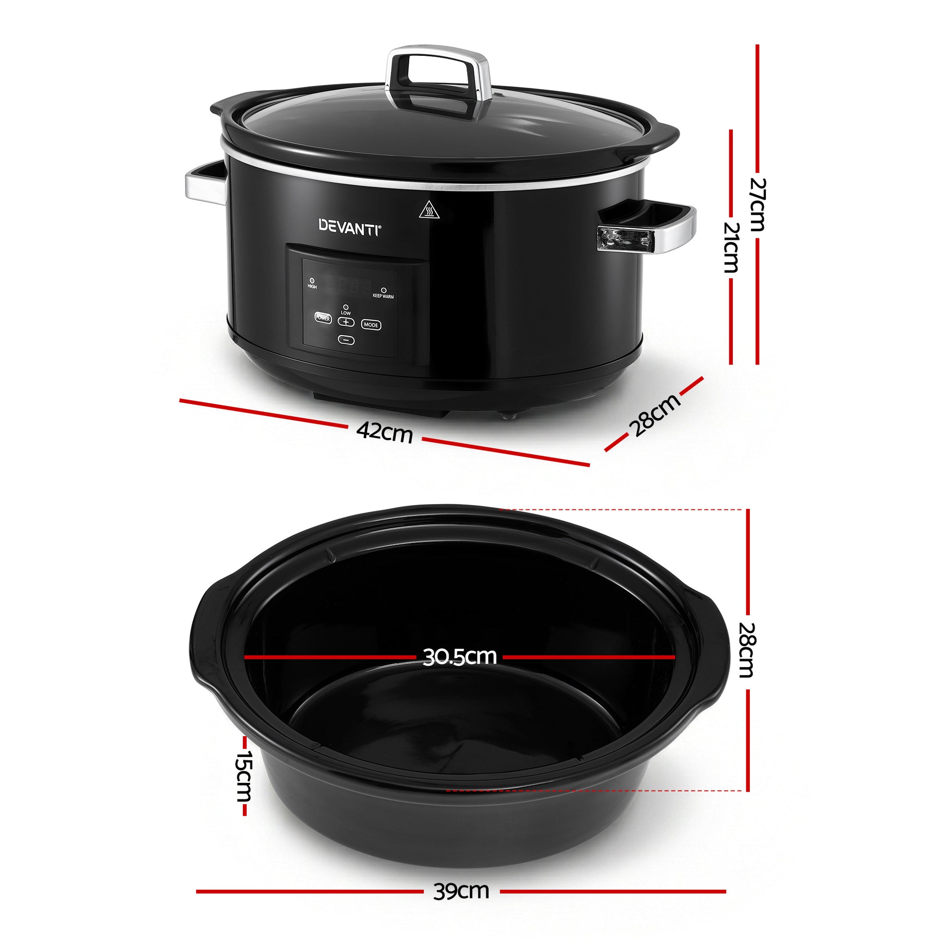 Devanti 8L Slow Cooker Electric Multi Cooker with 3 Heat Settings and Keep Warm Function SC-DP-8QT-BK