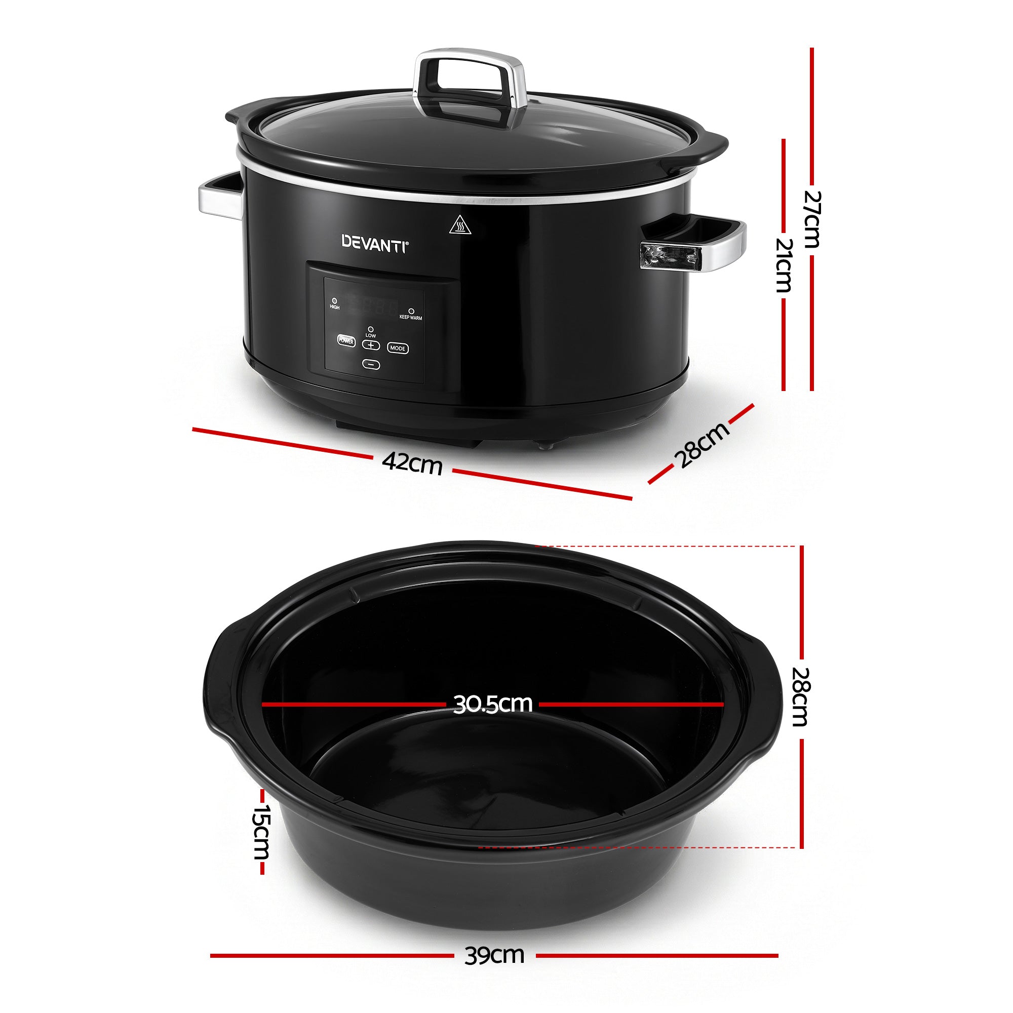 Devanti 8L Slow Cooker Electric Multi Cooker with 3 Heat Settings and Keep Warm Function SC-DP-8QT-BK