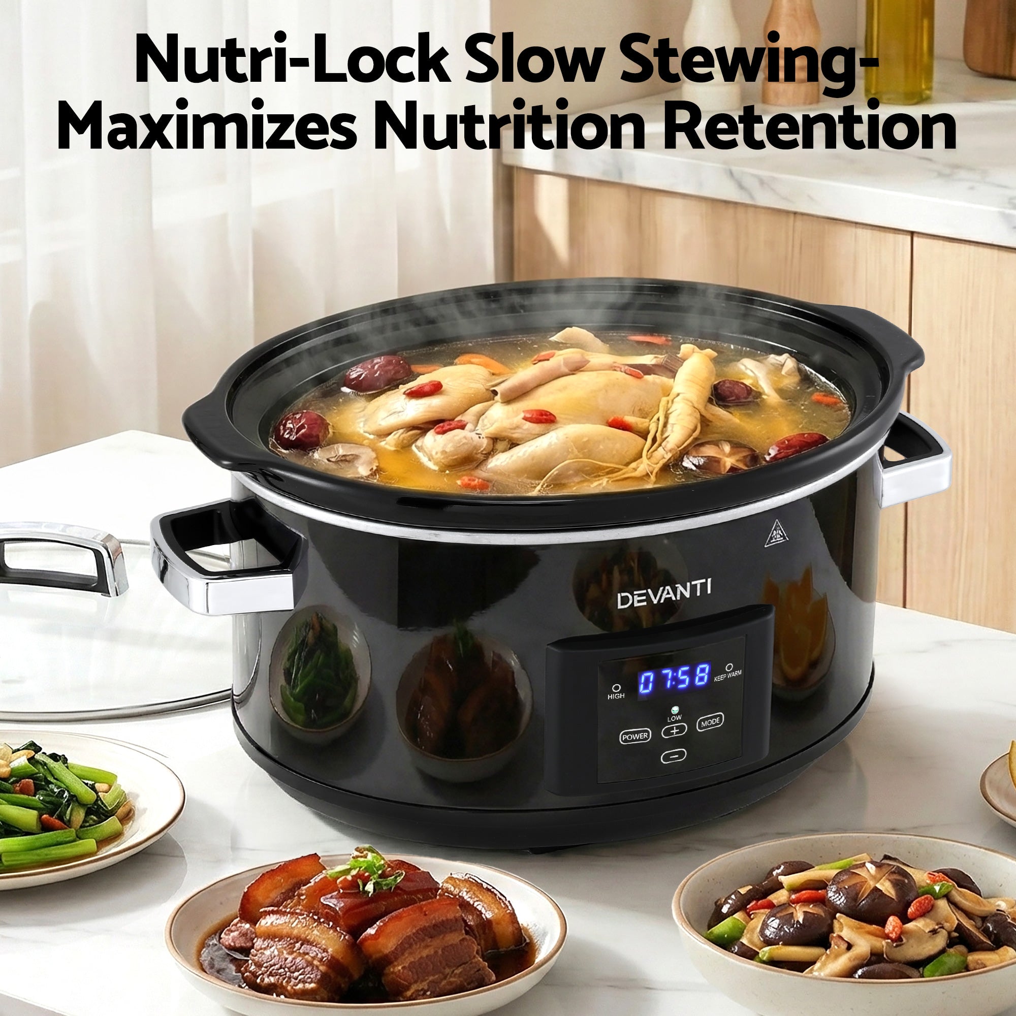 Devanti 8L Slow Cooker Electric Multi Cooker with 3 Heat Settings and Keep Warm Function SC-DP-8QT-BK