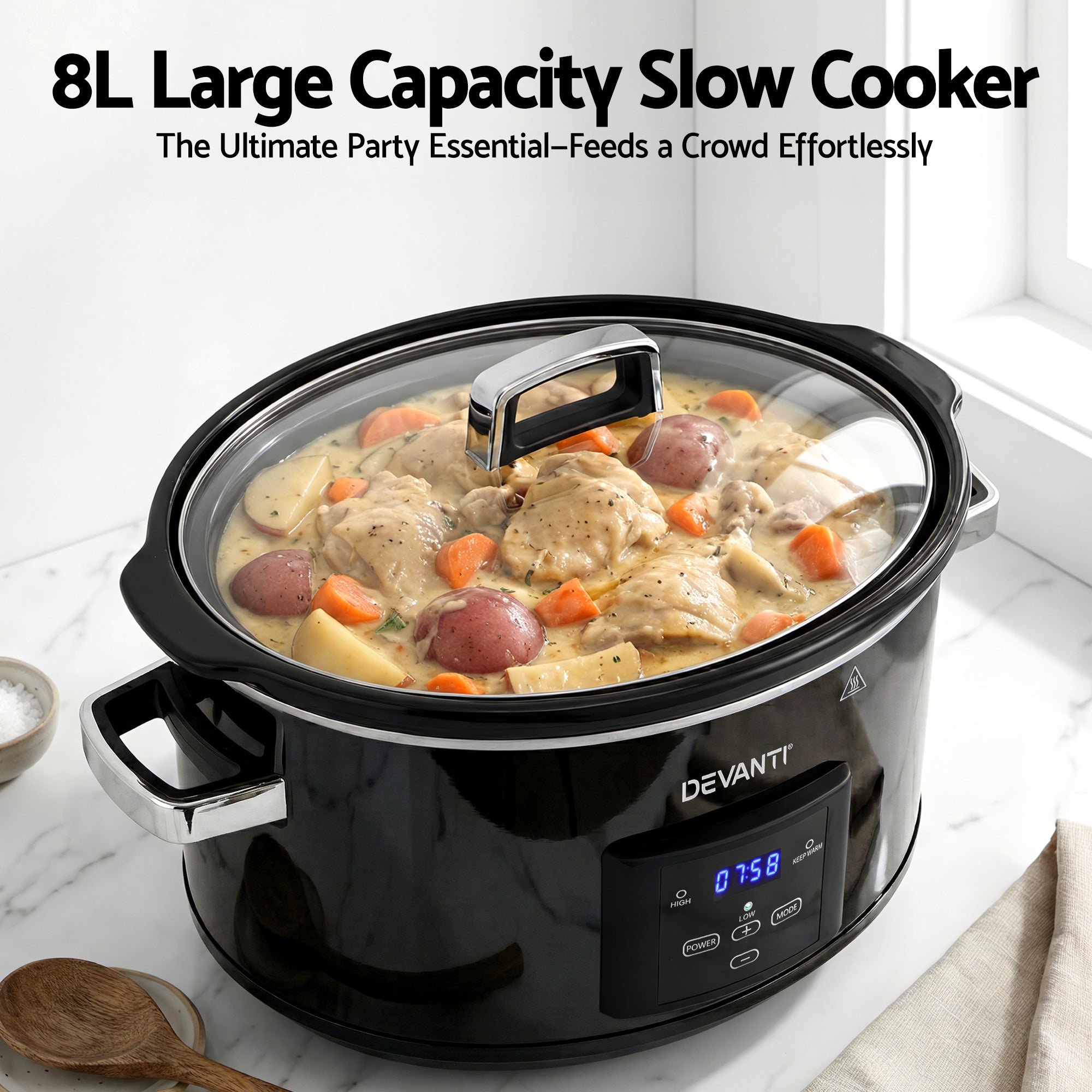 Devanti 8L Slow Cooker Electric Multi Cooker with 3 Heat Settings and Keep Warm Function SC-DP-8QT-BK