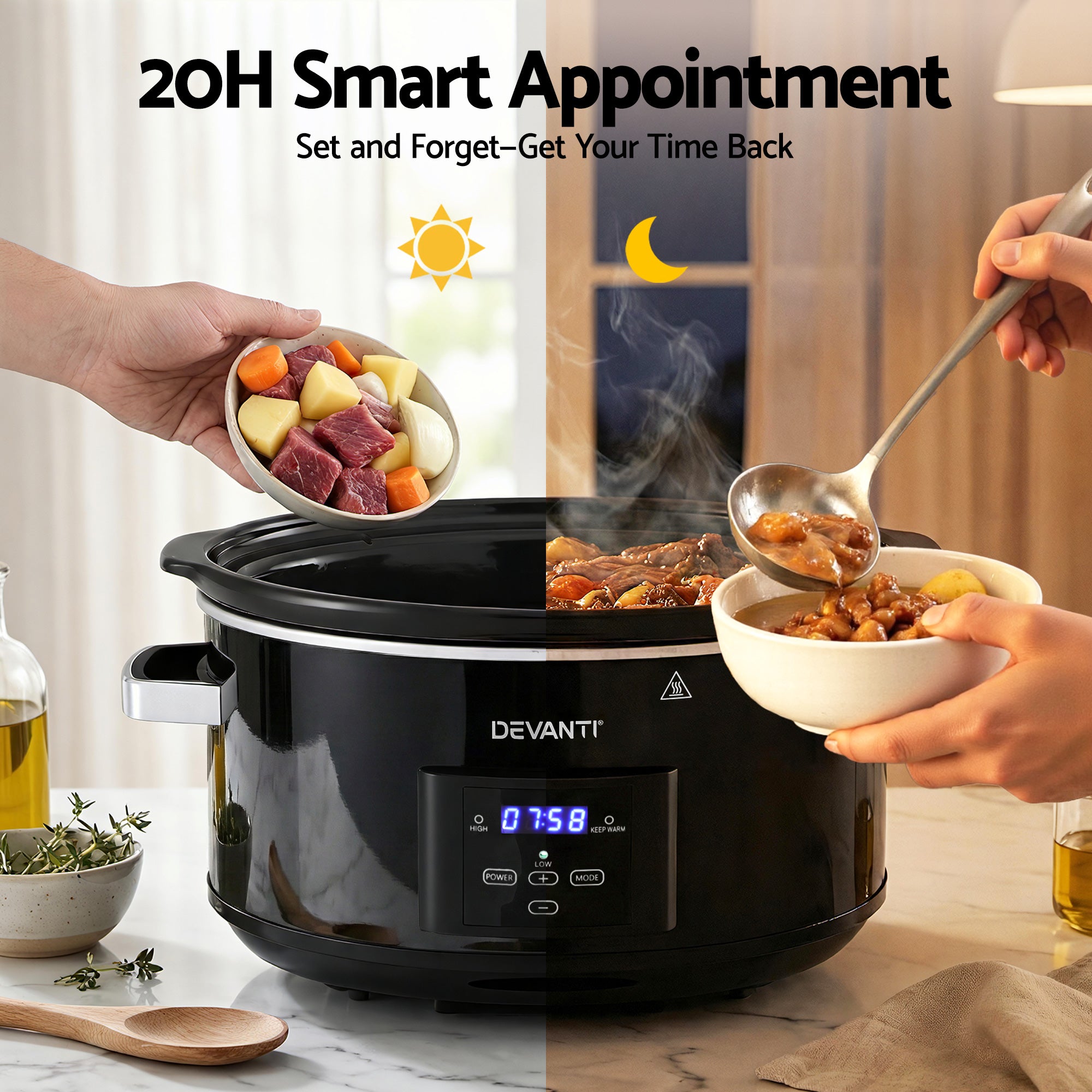 Devanti 8L Slow Cooker Electric Multi Cooker with 3 Heat Settings and Keep Warm Function SC-DP-8QT-BK