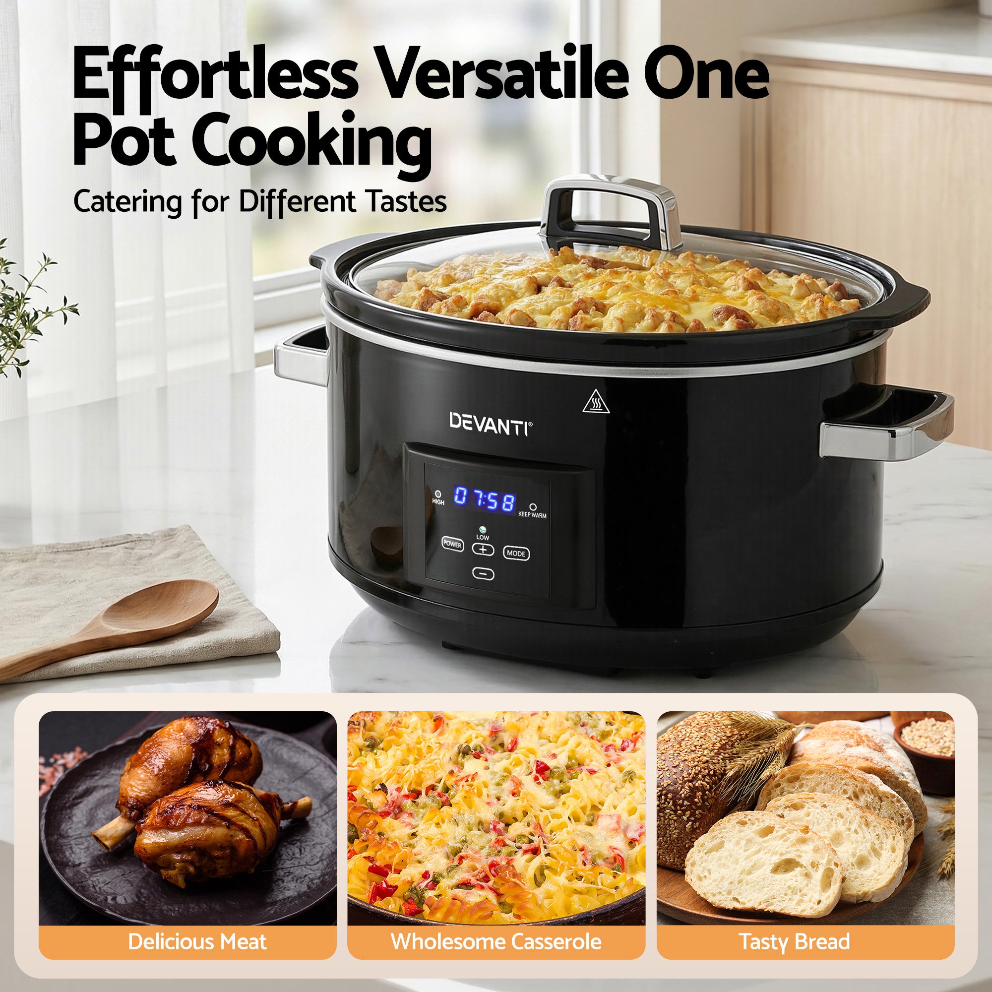 Devanti 8L Slow Cooker Electric Multi Cooker with 3 Heat Settings and Keep Warm Function SC-DP-8QT-BK