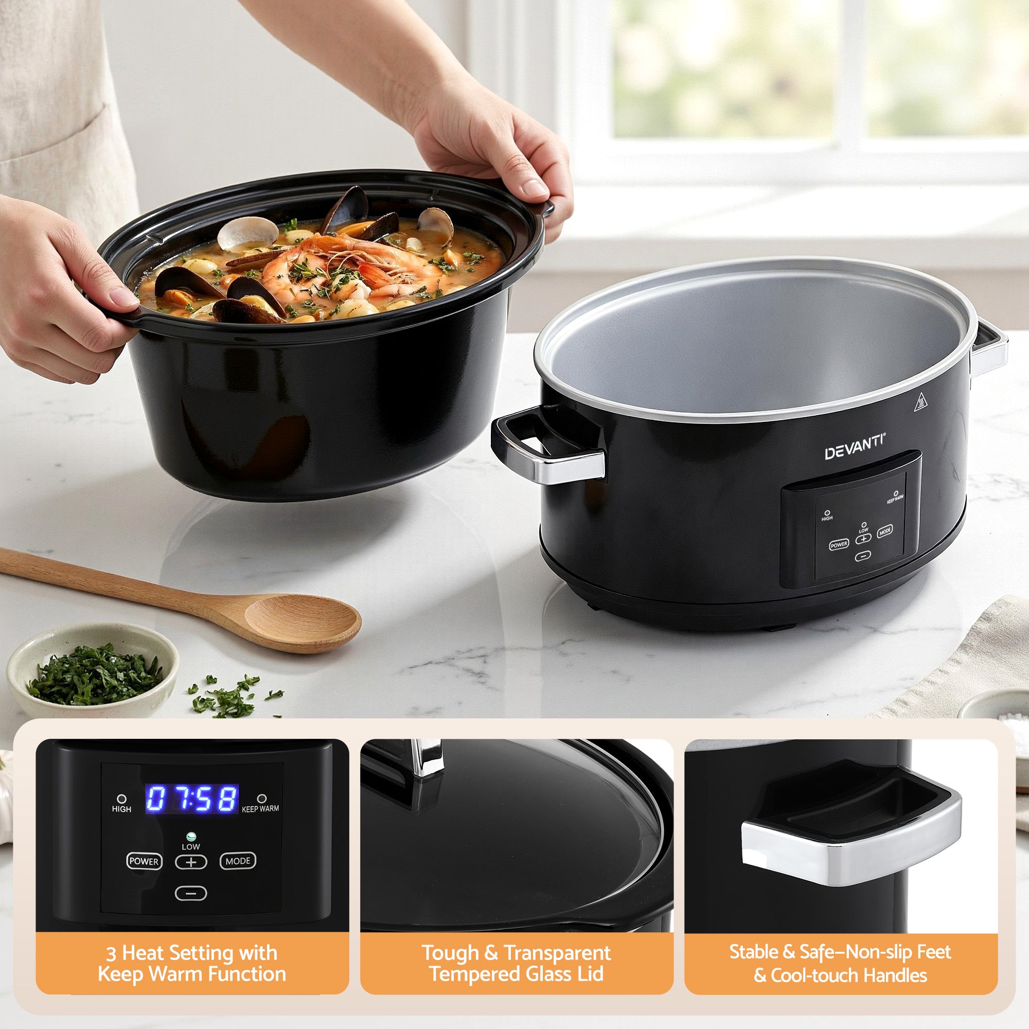 Devanti 8L Slow Cooker Electric Multi Cooker with 3 Heat Settings and Keep Warm Function SC-DP-8QT-BK