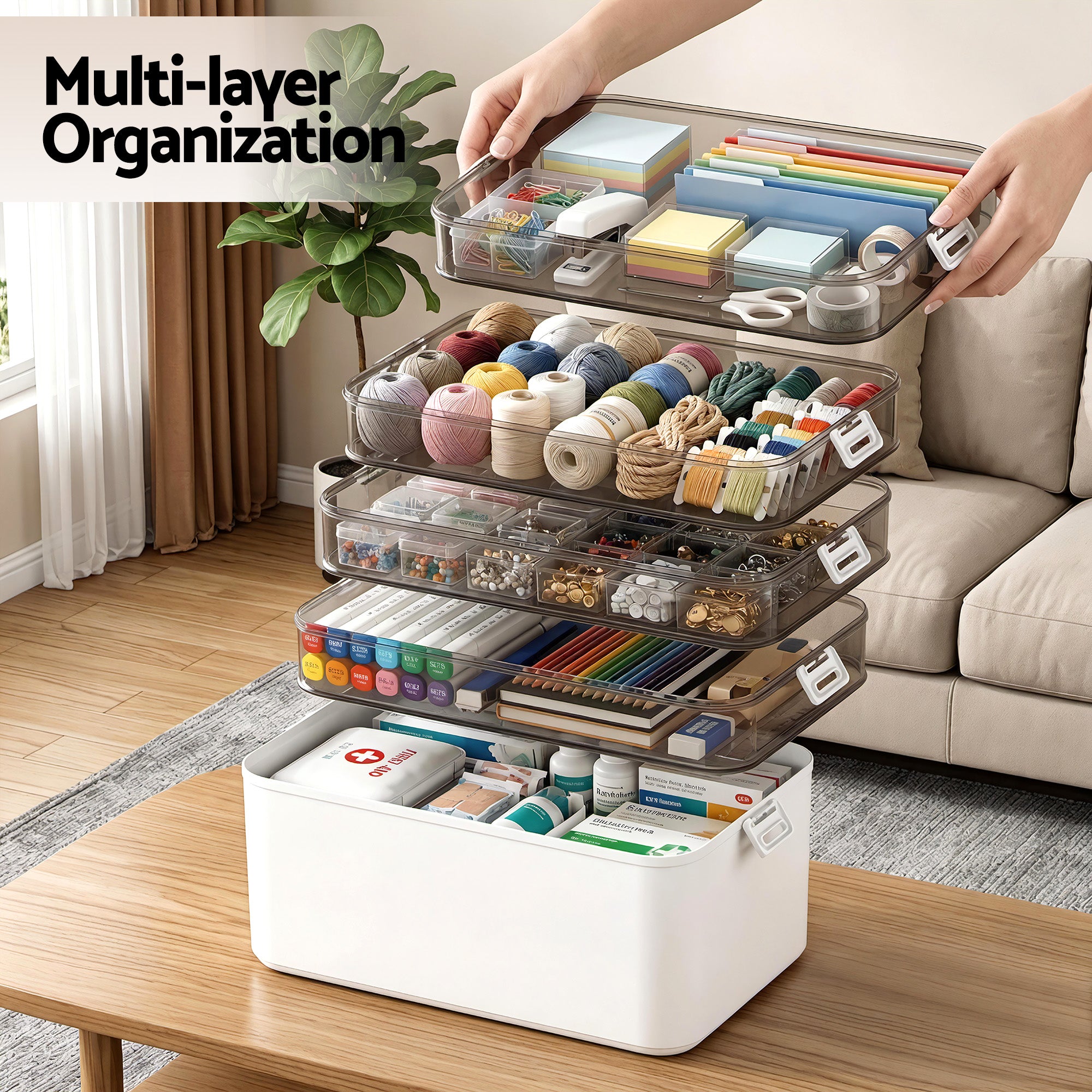 Artiss 5 Tier Portable Storage Box Detachable with Handles Plastic Clear SC-PLS-5T-WH