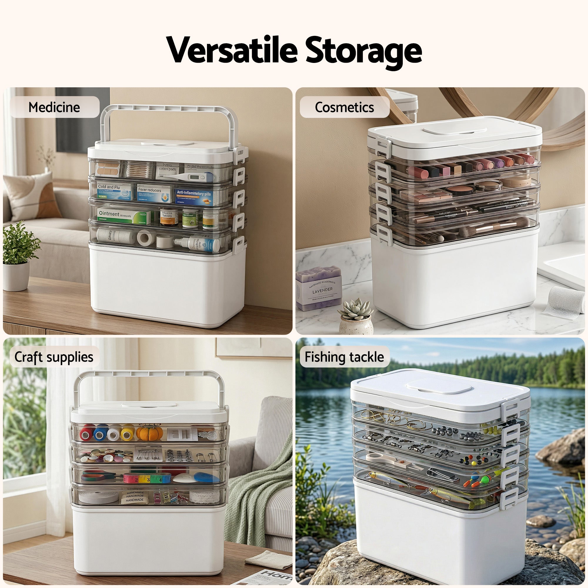 Artiss 5 Tier Portable Storage Box Detachable with Handles Plastic Clear SC-PLS-5T-WH