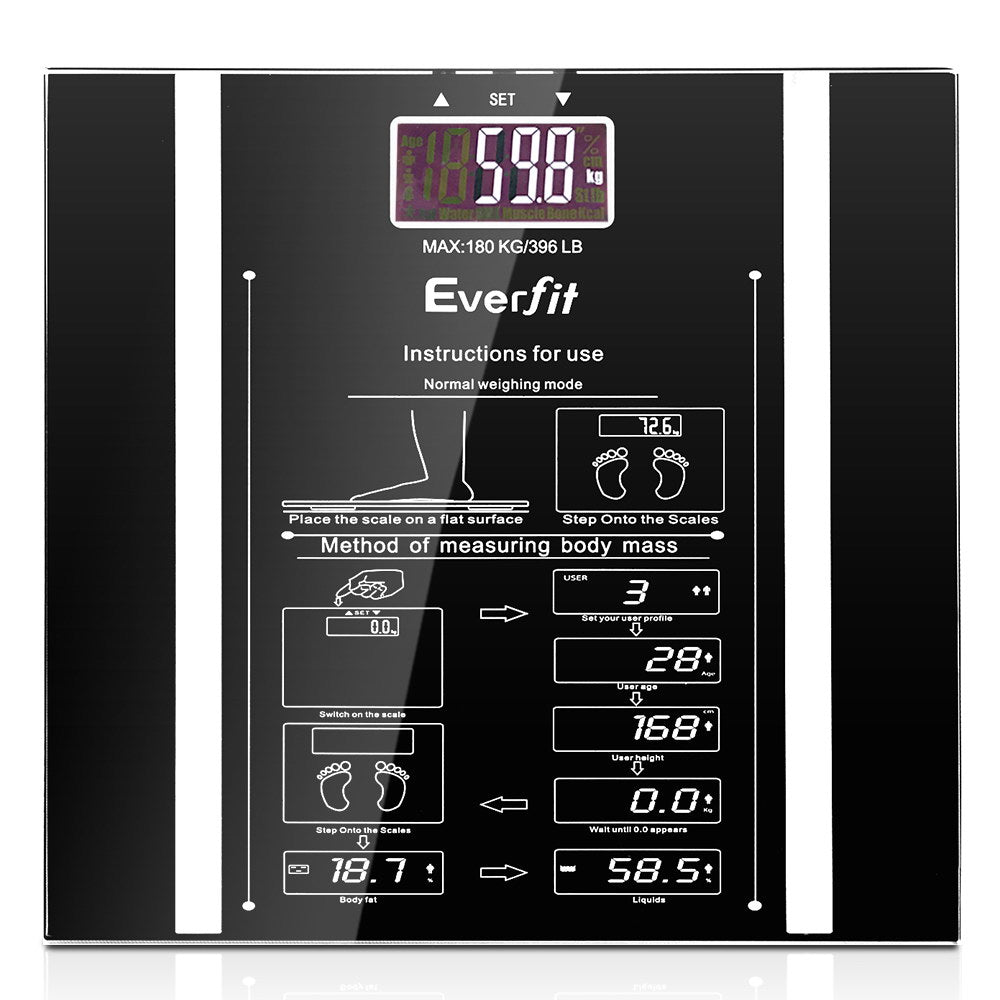 Everfit Body Fat Bathroom Scale Weighing Water Body Fat Gym 180KG SCALE-BFAT-BK