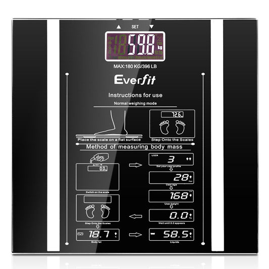 Everfit Body Fat Bathroom Scale Weighing Water Body Fat Gym 180KG SCALE-BFAT-BK